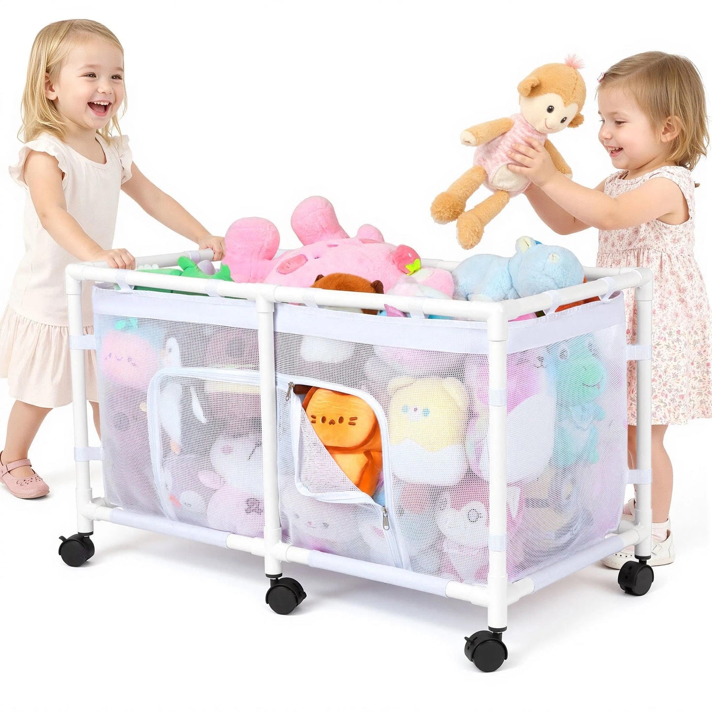 FIOBEE Toy Box for Girls Boys with See-through Mesh & 360° Rotating Wheels Toy Chest Organizer Easy Install Stuffed Animal Storage for Nursery Playroom Toy Storage Bin, White