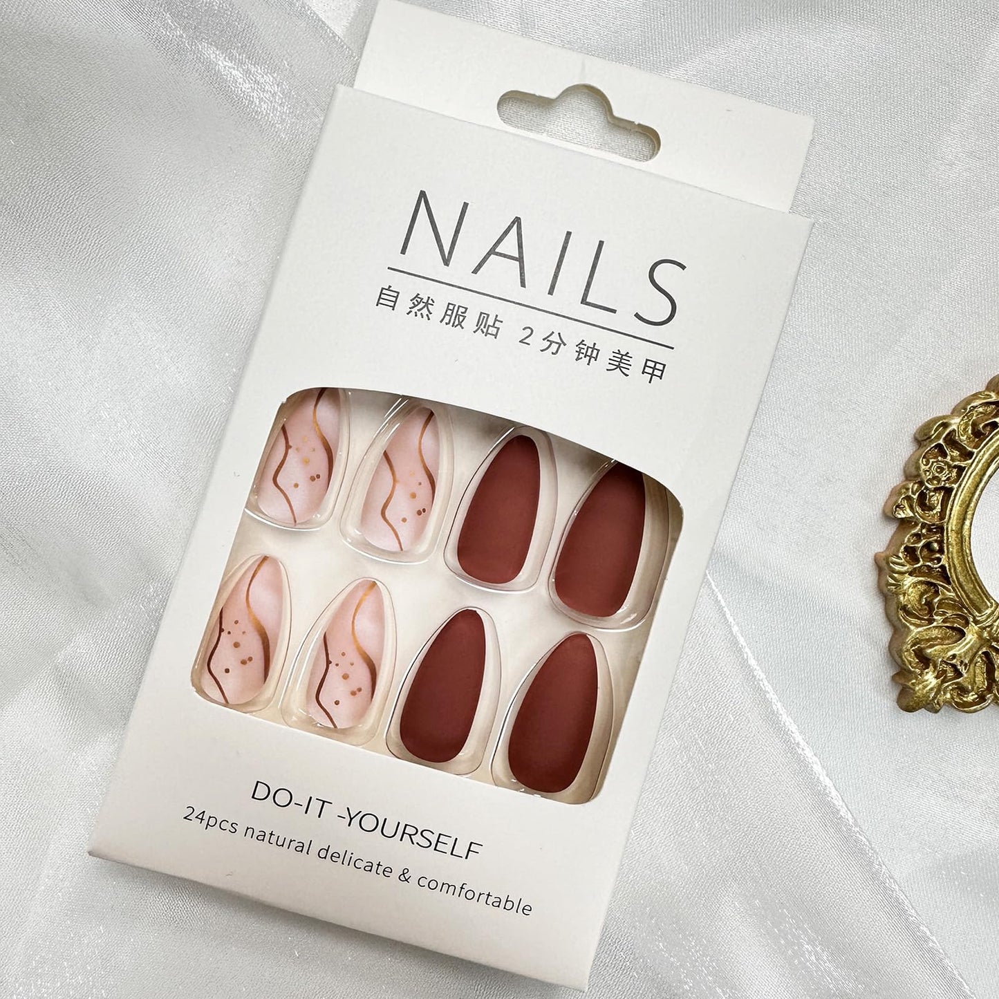 Almond Press on Nails Medium Fake Nails Matt Brown False Nails Press ons Acrylic Glue on Nails Reddish Brown Full Cover Artificial Stick on Nail for Women Nail Decorations 24Pcs
