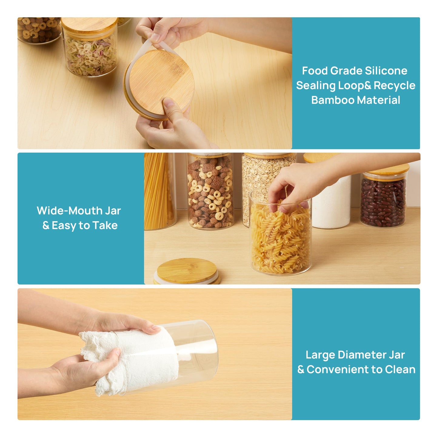 Vtopmart Glass Food Storage Jars, 7 Pack Kitchen Containers with Airtight Bamboo Wooden Lids for Pasta, Cookies, Nuts, Coffee Beans, Cereal, Canisters Set for Flour, Pantry Organization, BPA Free