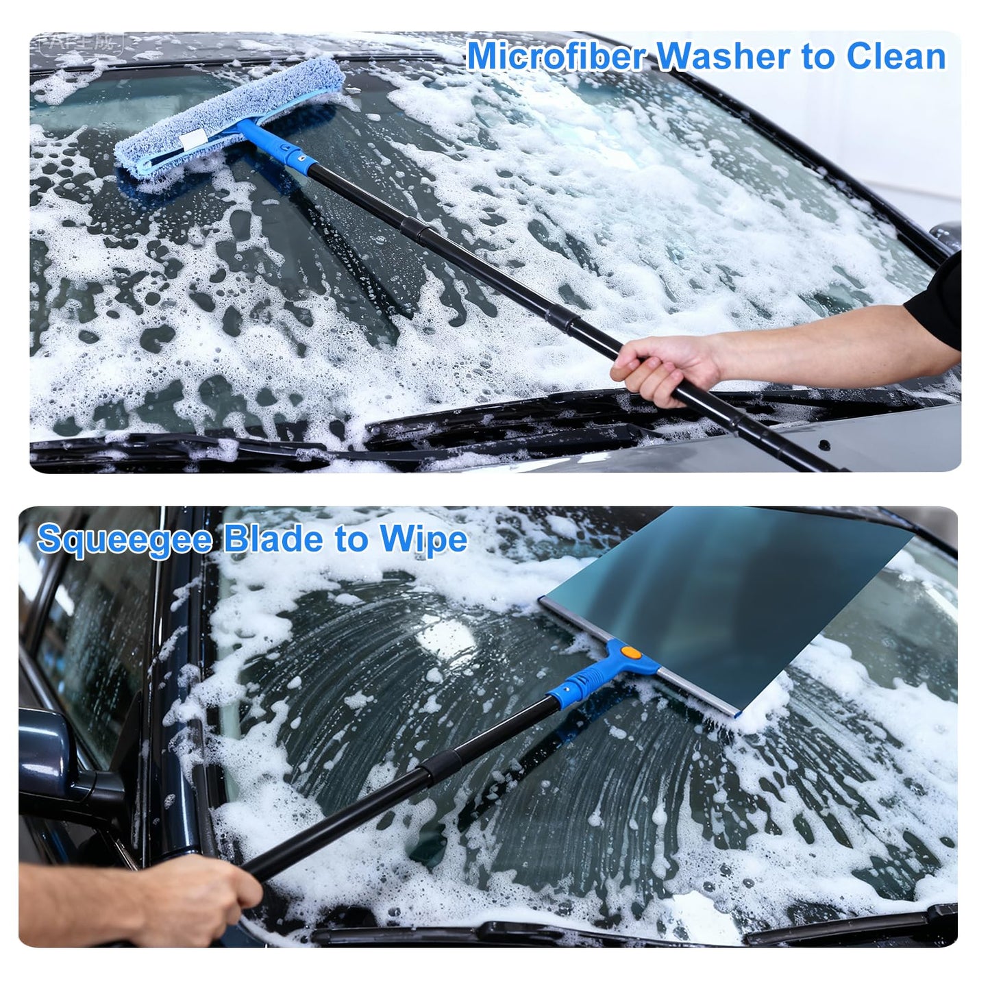 3-in-1 Professional Window Squeegee Kit with 2 Squeegee, 2 Microfiber Scrubber, 1 Razor Scraper, Thick Iron, 63.4" Window Squeegee with Extension Pole for Car, Glass, Mirror, Wall, Bathroom, Home, Van