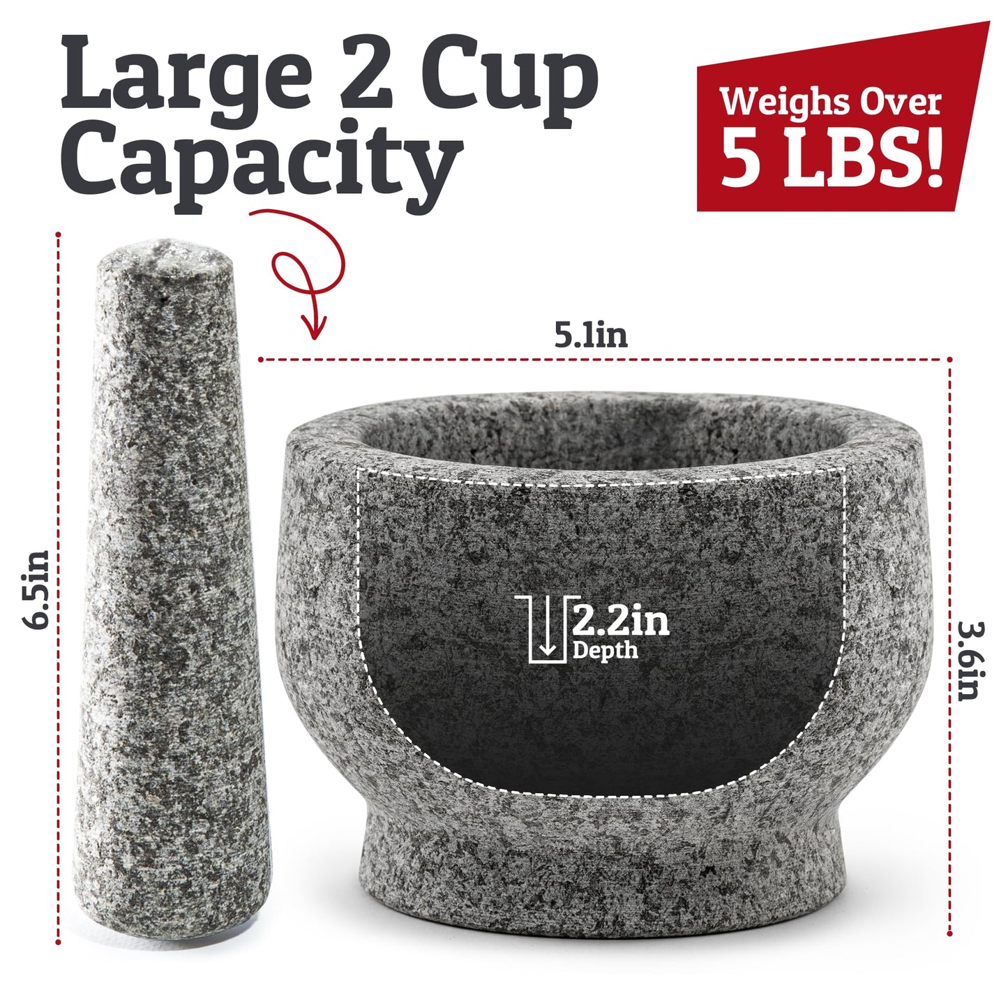 PriorityChef Large Mortar and Pestle Set, Heavy Duty Natural Granite, Make Fresh Guacamole at Home, Solid Stone Grinder Bowl, Herb Crusher, Spice Grinder, 2 Cup Size, Unpolished Grey