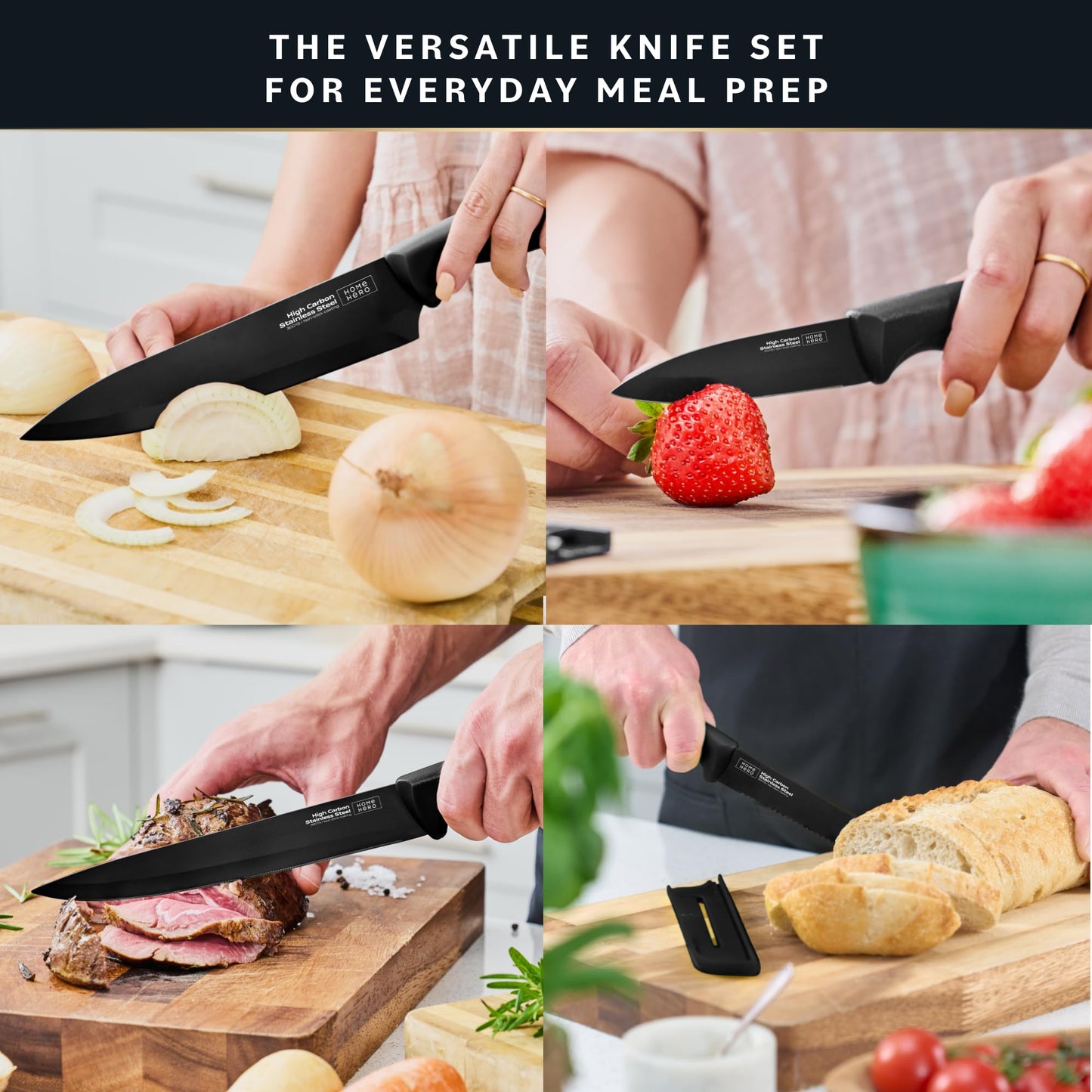 Home Hero High Carbon Stainless Steel Knife Set - Chef Knife Set Precision Slicing & Versatility - Nonstick Ceramic Coated Blades & Easy Cleaning - Ergonomic Handles & Secure Grip - 12-Piece, Black