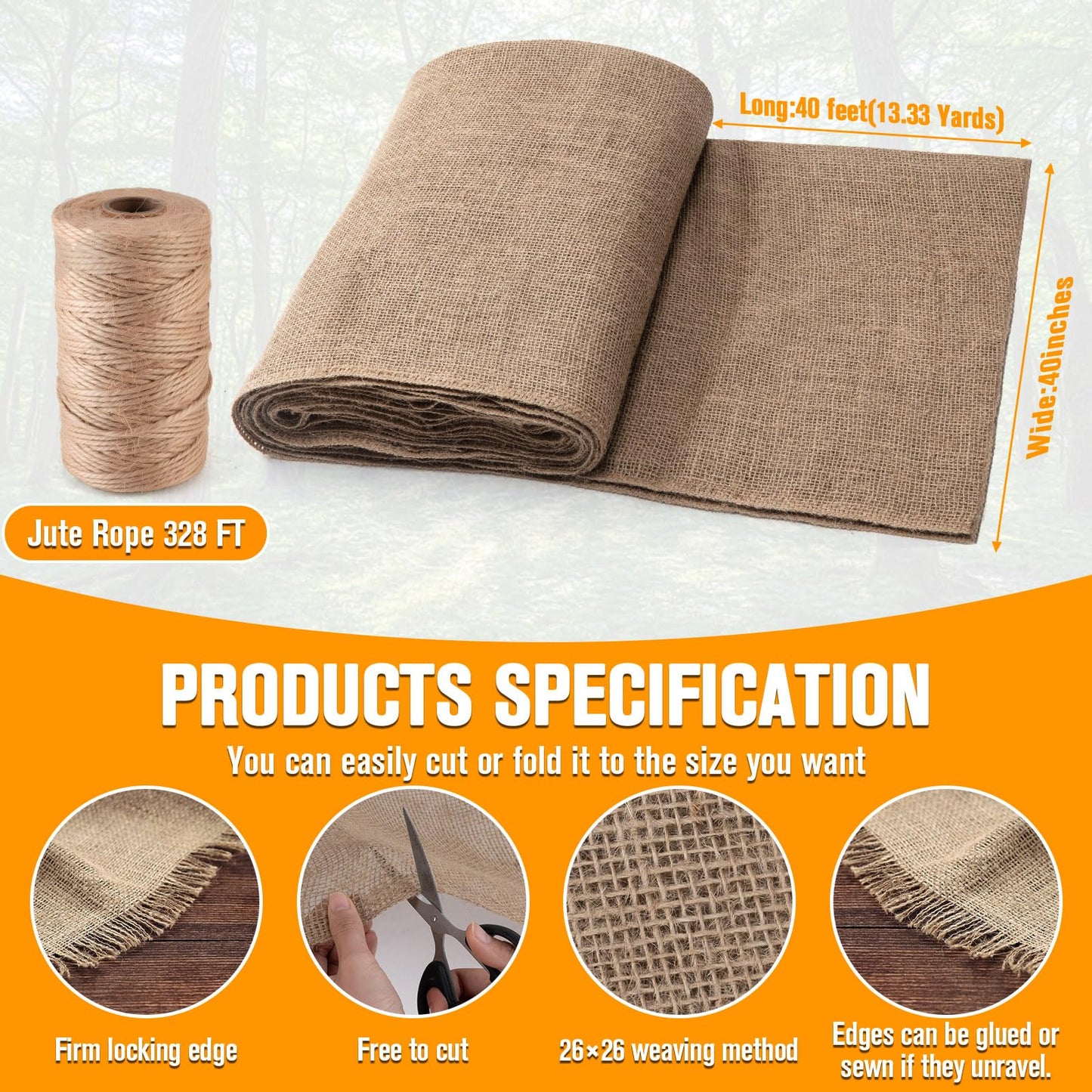 Natural Jute Burlap Roll 40Inch x 40Ft, High-Density Burlap Fabric, Biodegradable & Breathable for Gardening (Tree Wrap, Weed Barriers), Crafts, Landscaping & Wedding Decor