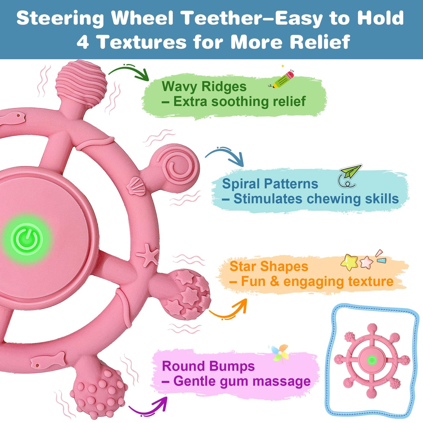 YOFUN 3-Speed Vibrating Baby Teether – Soothing Silicone Teething Toy for Infants 3M+, Food-Grade, USB Rechargeable – Soft & Safe Gum Relief for Babies (Pink)