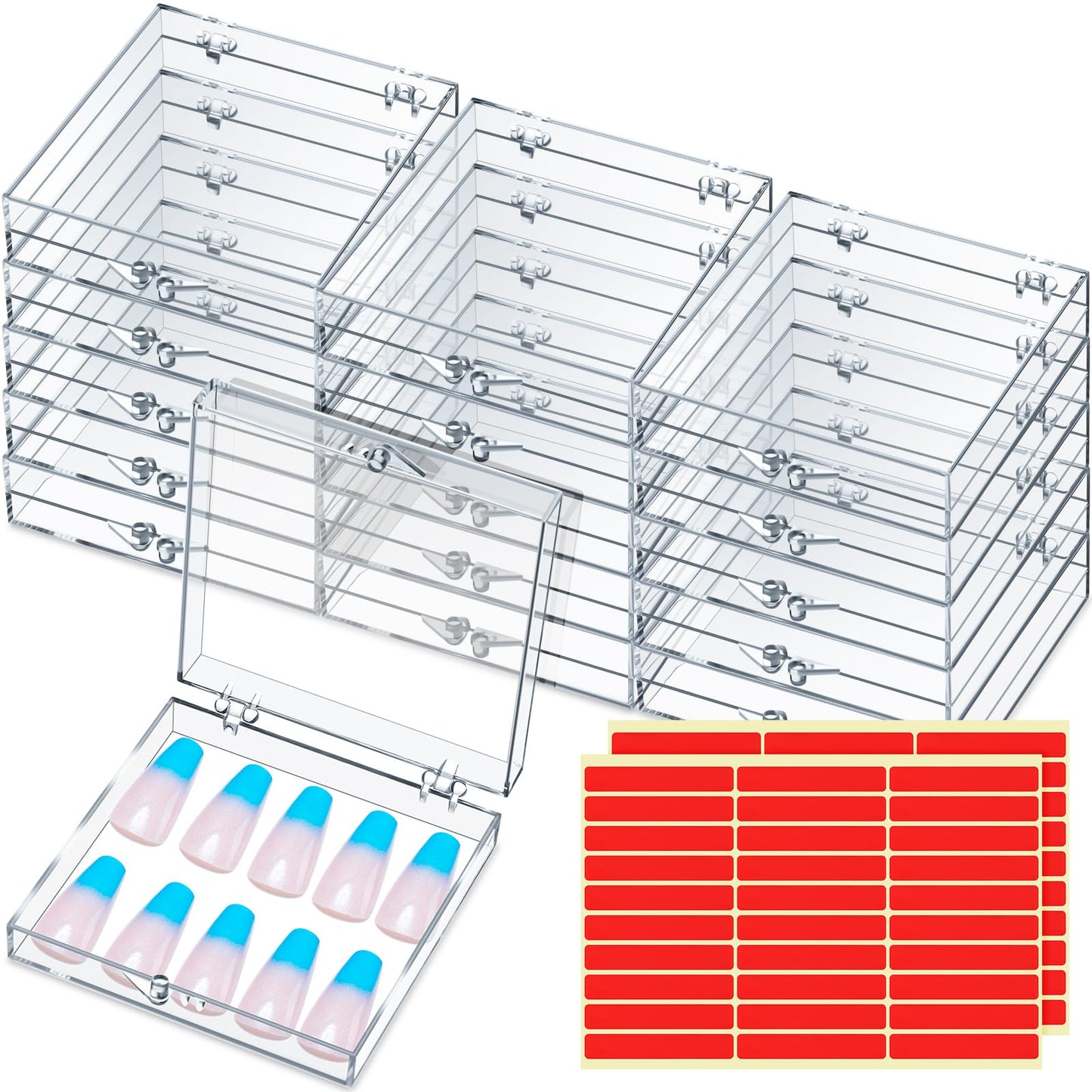 Landhoow 30 Pcs Press on Nail Storage Box with 60 Pcs Adhesive Double Sided Tape Acrylic Artificial False Nail Packaging Display Case Organizer for Art Home Business Salon Supplies(Clear)