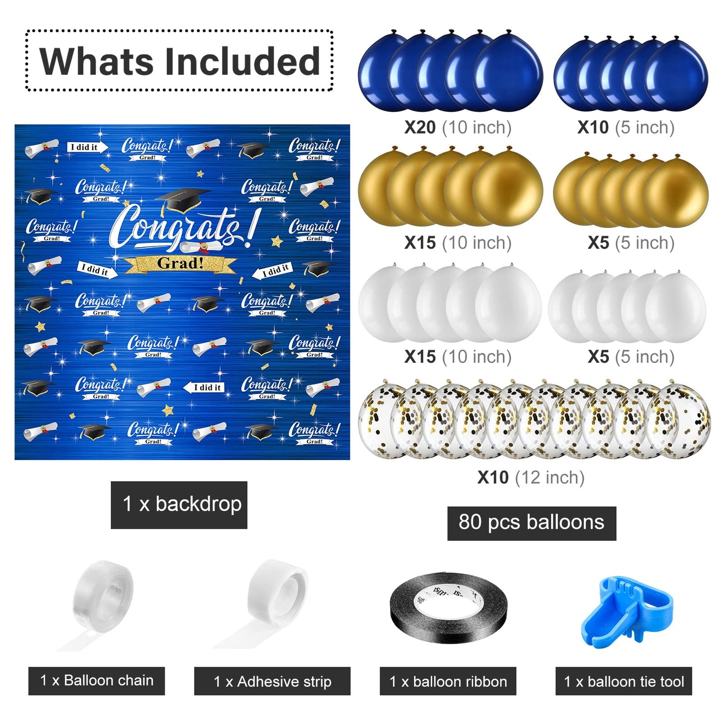 Graduation Party Decorations Including Congrats Grad Photography Backdrop Banner Balloons Garland Arch Kit for Adults Kids Grad Party Decoration Supplies (Navy Blue and Gold)