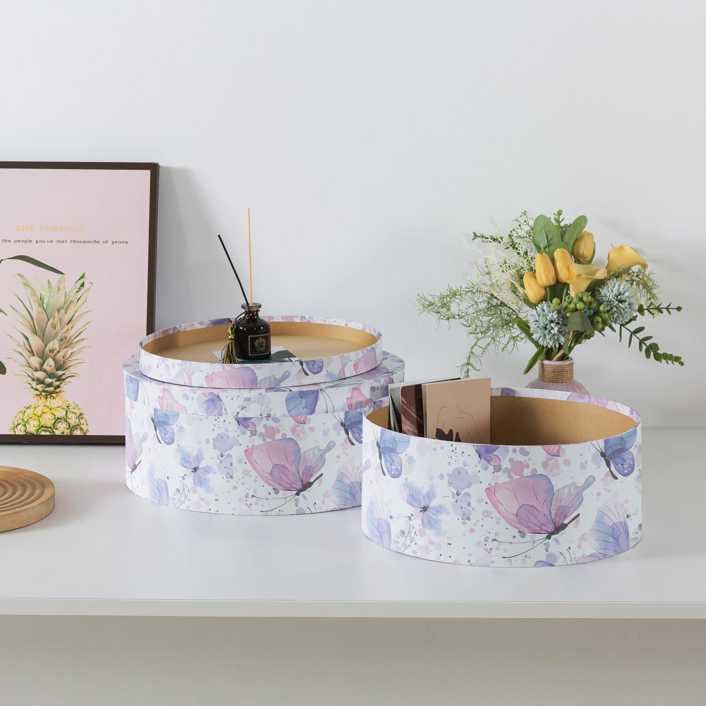 Soul & Lane Large Oblong Cardboard Decorative Storage Boxes with Lids, Set of 2 Cardboard Boxes for Flowers and Gifts, Oval Nesting Memory Containers for Keepsakes and Organizing, Butterfly Garden