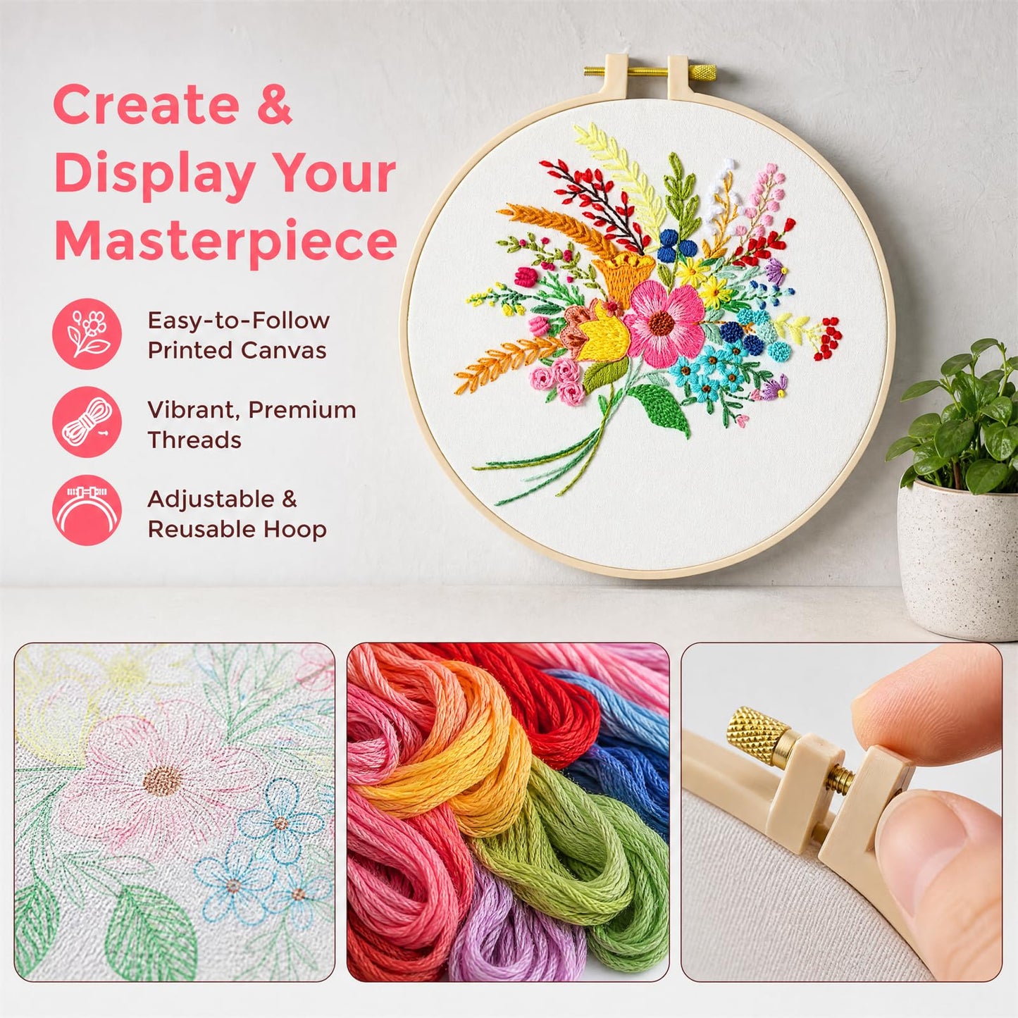 Huacan Embroidery Kit for Beginners Flower Pattern Printed Fabric with Hoop & Full Tools