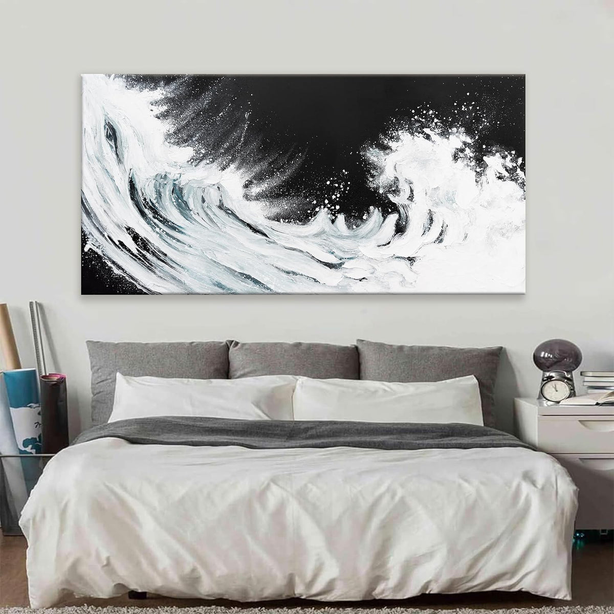 TAIJXAGSG Abstract Wall Art Canvas Art Wall Decor For Living Room Decorations Large Black And White Abstract Wall Decor White Ocean Waves Wall Art For Home Bedroom Kitchen Office Artwork 29x58 Inch