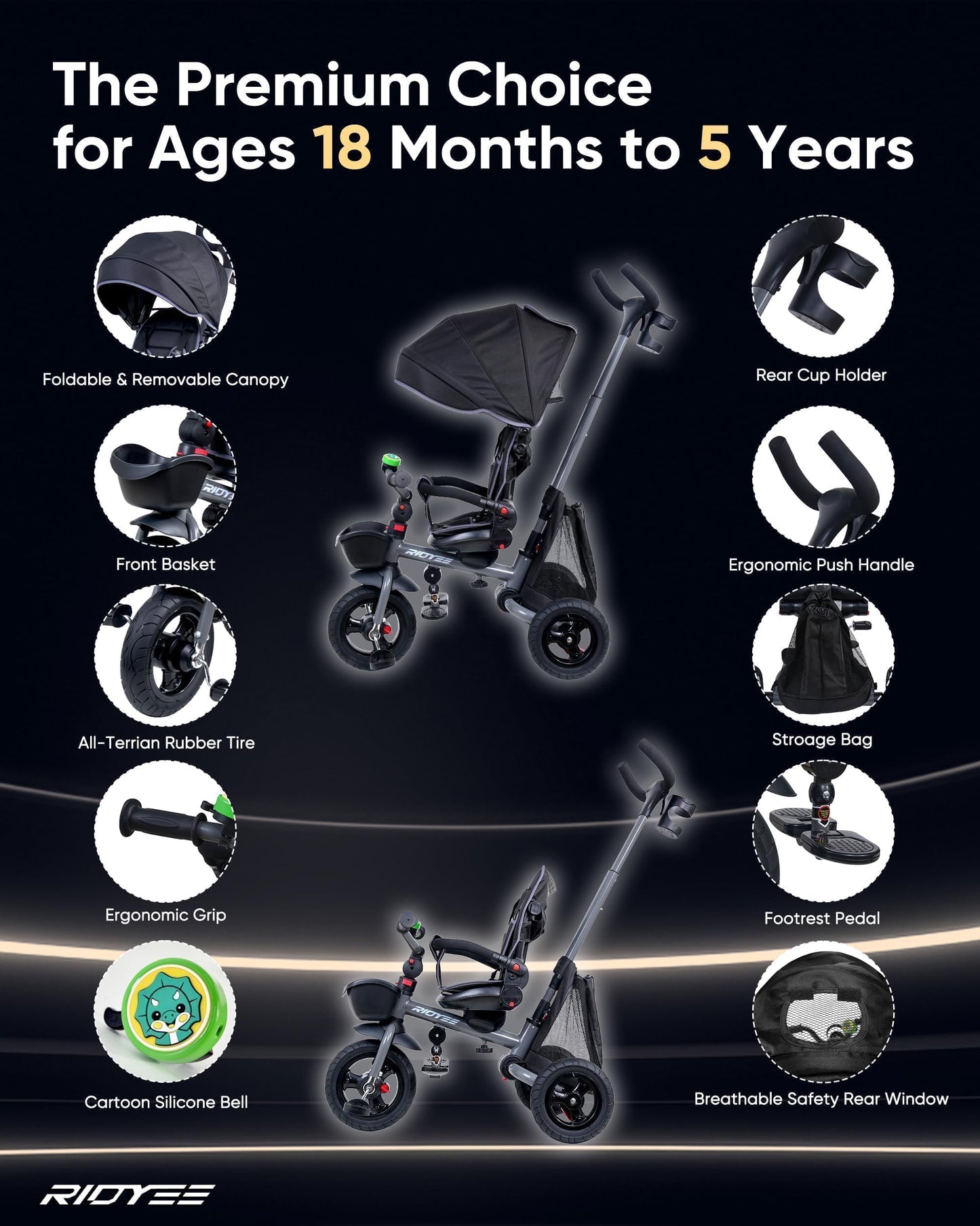RIDYEE 7-in-1 Folding Toddler Tricycle for 18 Months to 5 Years, Tricycle Stroller with Dual Brakes, All-Terrian Rubber Tire, Tricycle for Toddlers with Rotatable Seat, Adjustable Push Handle, Grey