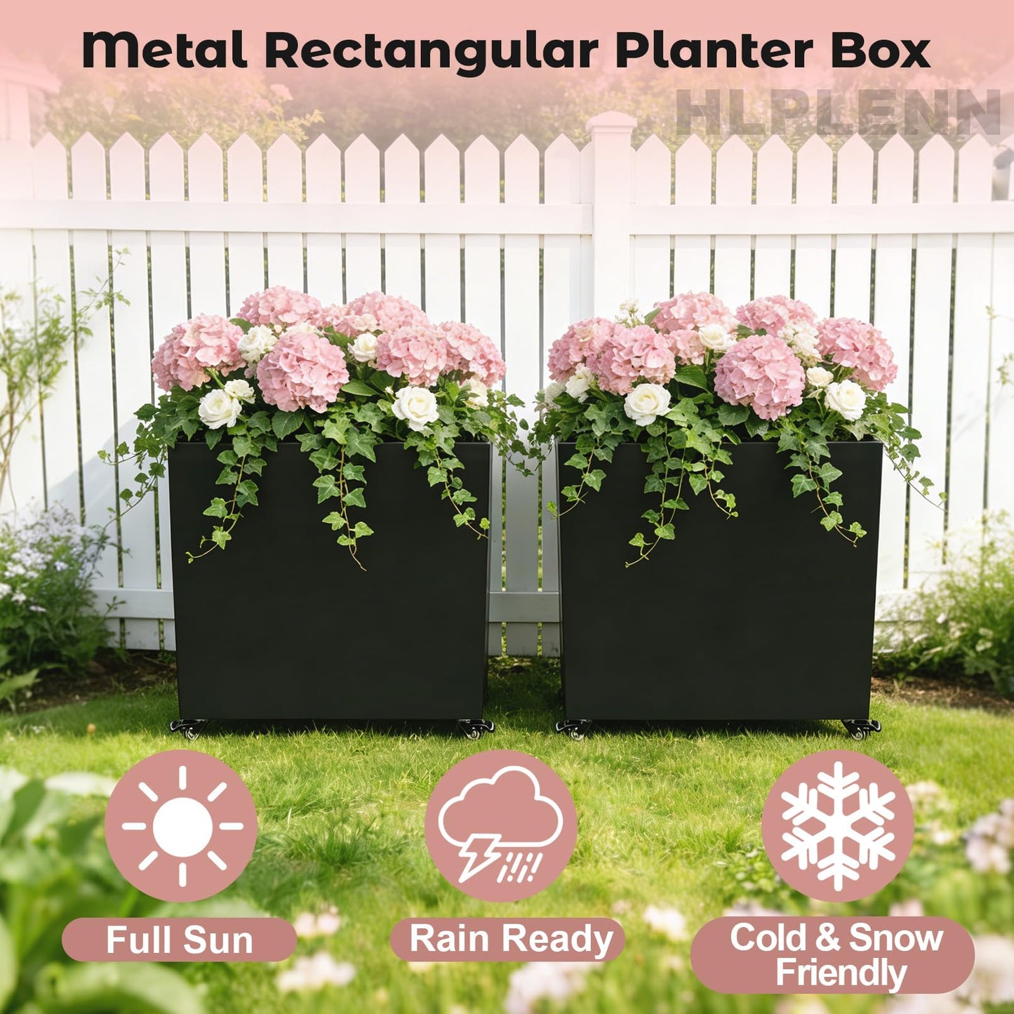Hlplenn Tall Rectangular Metal Planter Box（36''L x 11''W x 30''H） with Wheels, Large Outdoor Rolling Planter for Patio & Garden, Modern Black Steel Planter Boxes Outdoor with Locking Casters