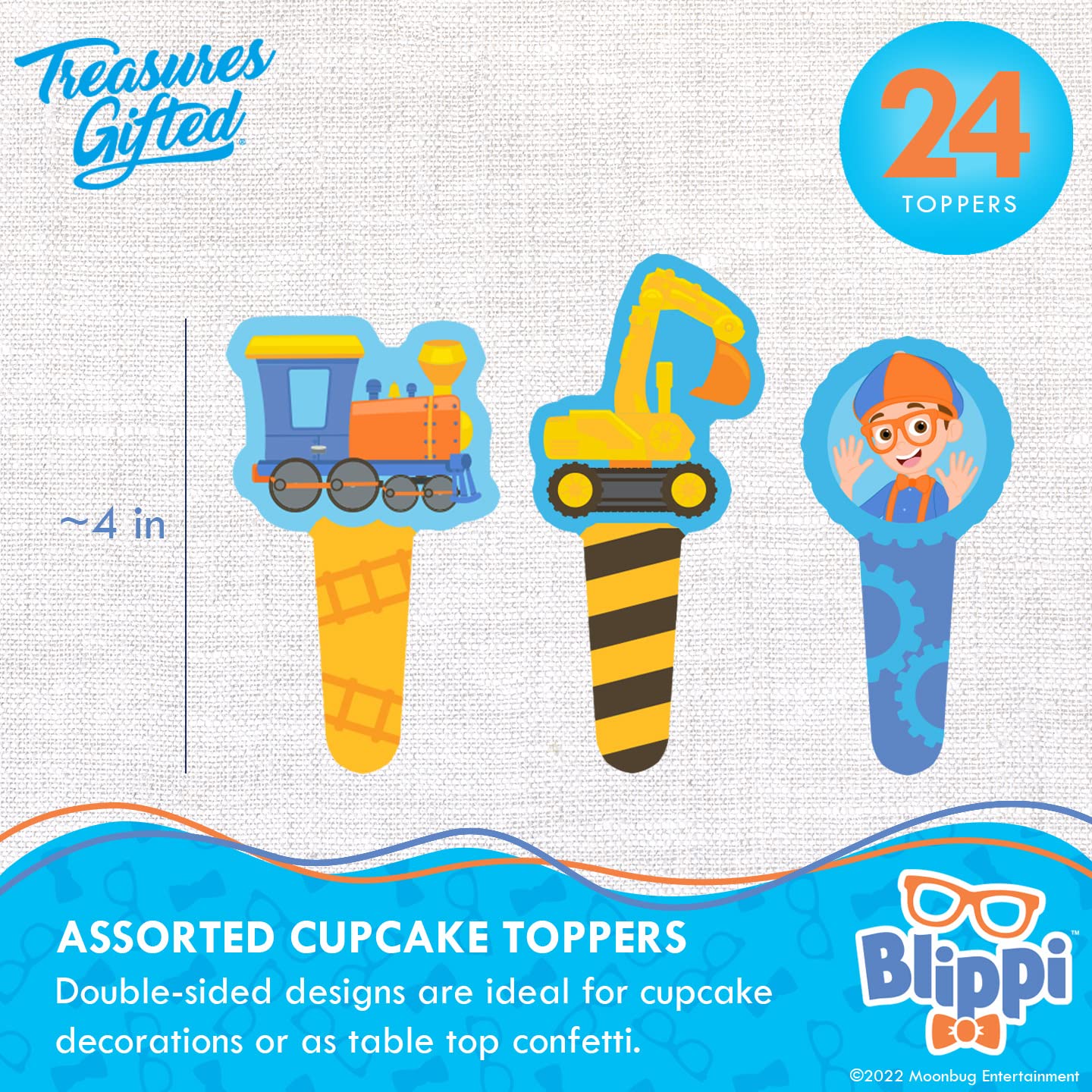 Treasures Gifted Officially Licensed Blippi Birthday Decorations Vehicle - Cake Topper Set - 1 Blippi Cake Topper & 24 Cupcake Toppers & Wrappers - Cake Decorations - Party Supplies