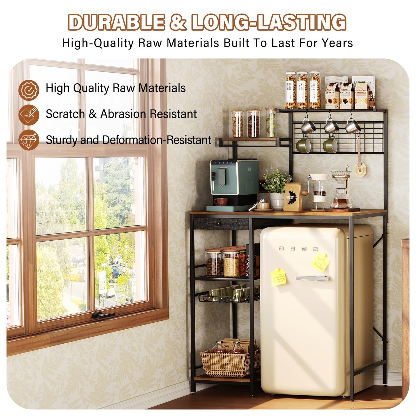 CozyDH Large Bakers Rack with Power Outlet, Kitchen Microwave Stand with Storage Shelves, Wire Basket and 12 S-Shaped Hooks, 35.4 Inches Rustic Brown Coffee