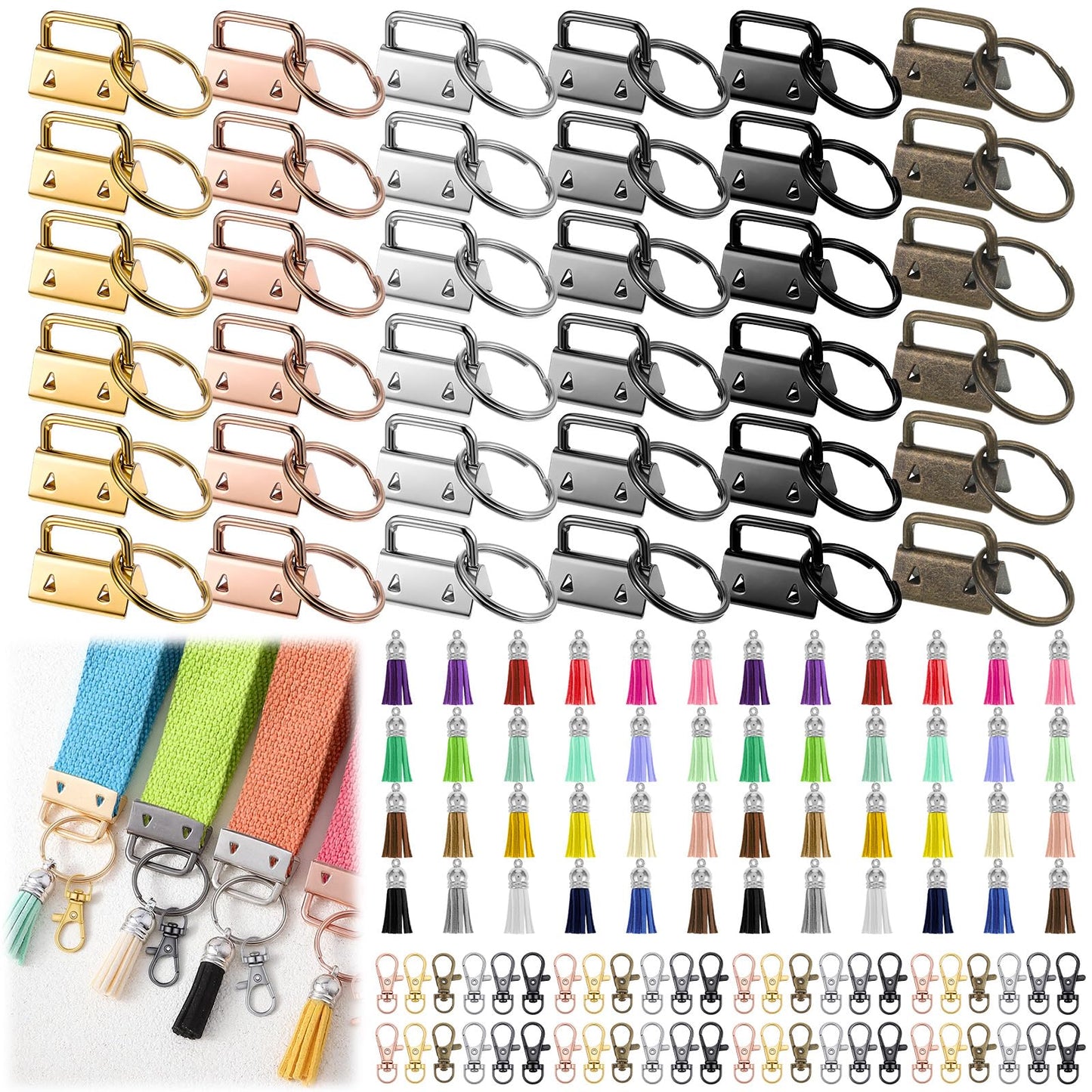 144 Pcs Keychain Hardware Set Key Fob Hardware Set - 48 Pcs 1 Inch Keychain with Keyring, 48 Pcs Colorful Leather Keychains Tassel and 48 Pack Swivel Snap Hooks for DIY Craft Supplies (Multicolor)