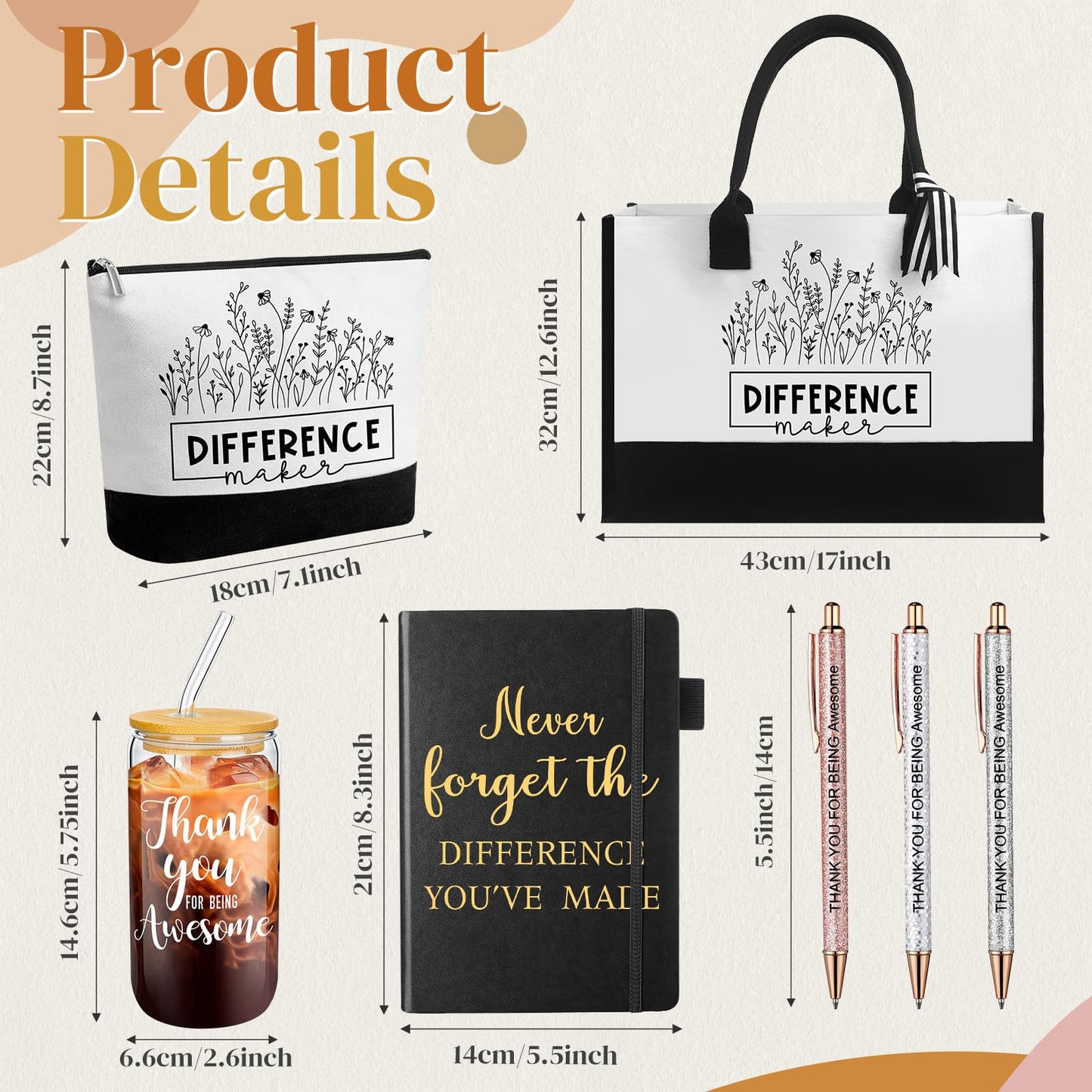 Funnymoom 7 Pcs Difference Maker Gift Employee Appreciation Tote Leather Journal Pen Tumbler Thank You Gift Women