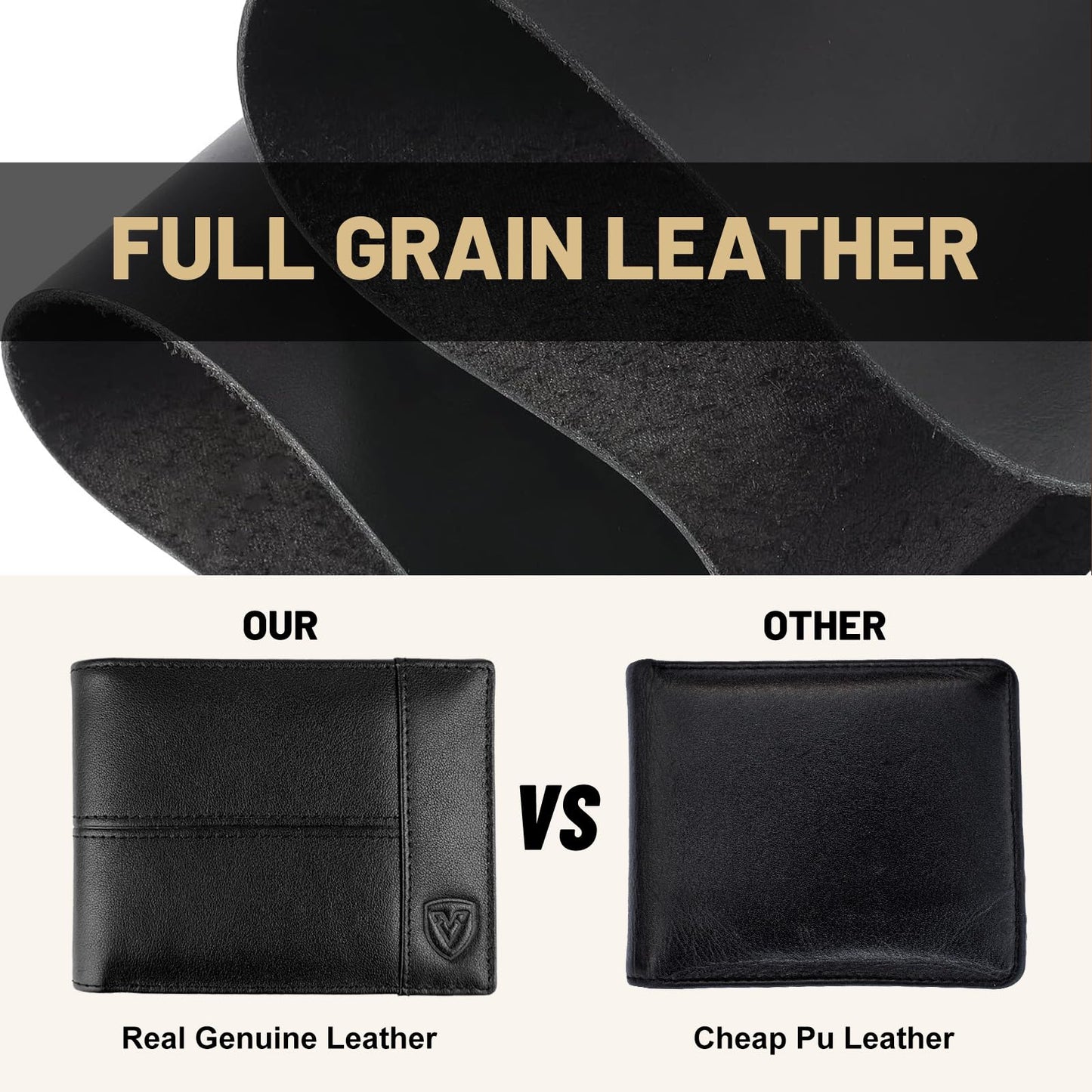 VEESKYE Full Grain Leather Wallet for Men | RFID Blocking | Extra Capacity Bifold Wallet with ID Windows | Ultra Strong Stitching | Slim Billfold with 8 Card Slots | Gift for Him Black