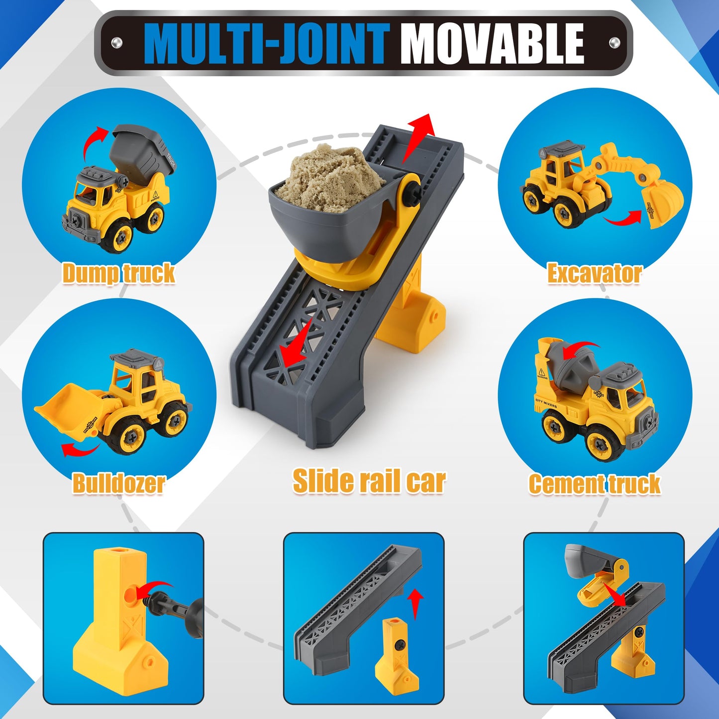 YIDESTARS Construction Sandbox with Lid - 4 Vehicles with 1 Conveyor, 8 Castle Molds, 6 Figures & 3lbs Moldable Sand - Preschool Sensory Bin for Fine Motor Skills, Ages 3-6