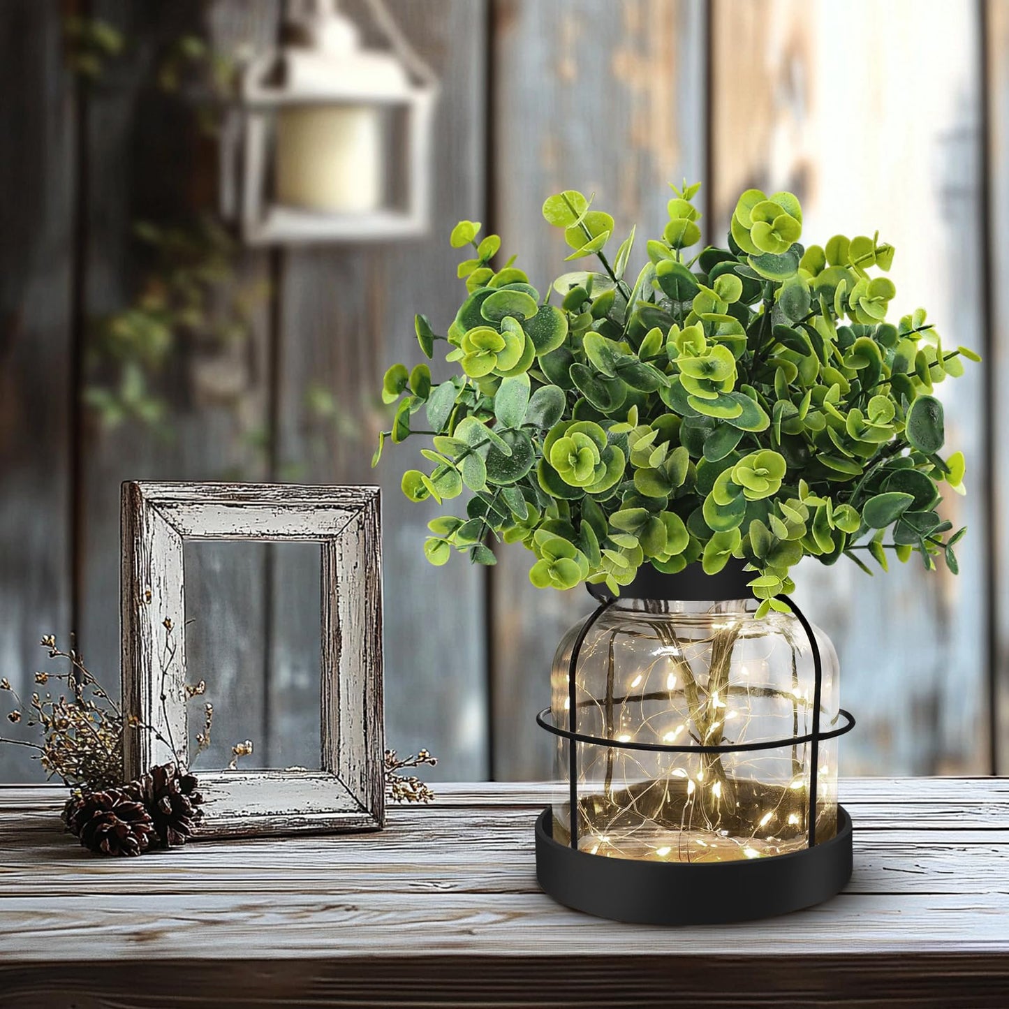 Farmhouse Rustic Glass Vases Primitive Country Lantern Coffee Dining Table Centerpiece Green Fake Artificial Eucalyptus Plants with Light Home Decor for Shelf Desk Counter Kitchen Bathroom, Black