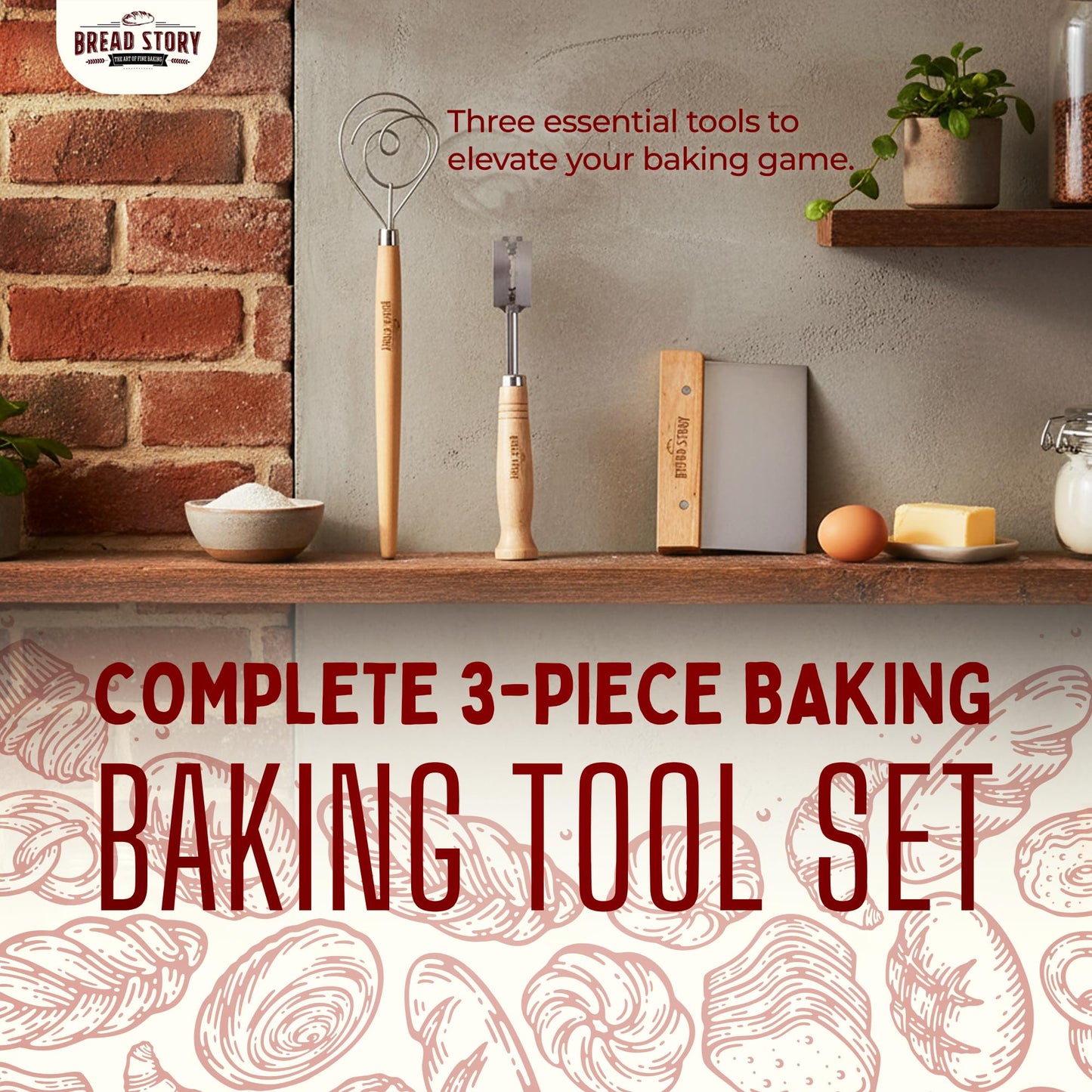 Danish Dough Whisk Set – Wooden Scraper & Lame Scoring Tool | Sourdough Whisk & Mixing Tool Kit | Bread Utensils for Homemade Bread, Pizza, Pastry | Stainless Steel & Wood