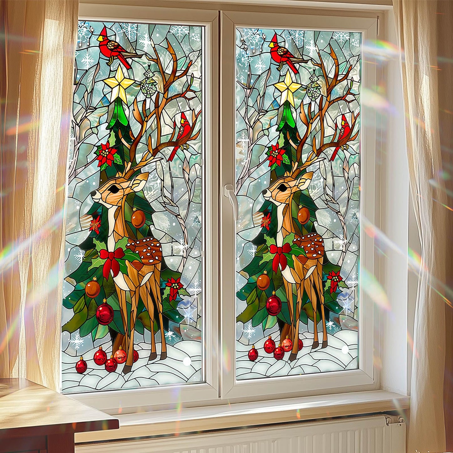 HOMETITUTE Reindeer Stained Glass Decorative Privacy Film Christmas Tree Window Cling Holiday Seasonal Window Sticker for Living Room Bedroom Kitchen 17.7 x 39.3 Inch