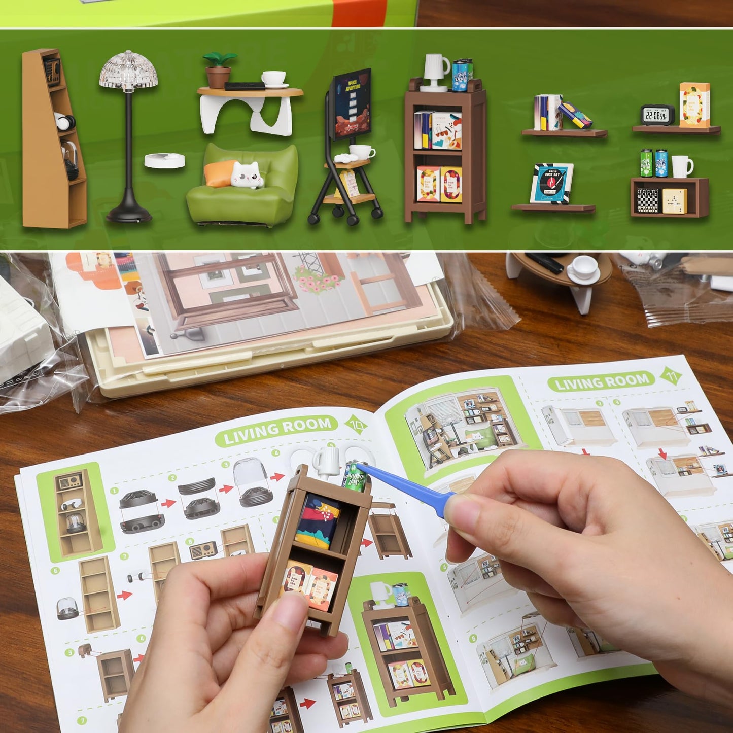 DIY Miniature Living Room Dollhouse Kit with LED, Suitable for Display Mini Figures, Make It Miniature, Mini Dollhouse Kit for Adults, Teens, and Beginners to Build, Gift for Friends and Hobbies