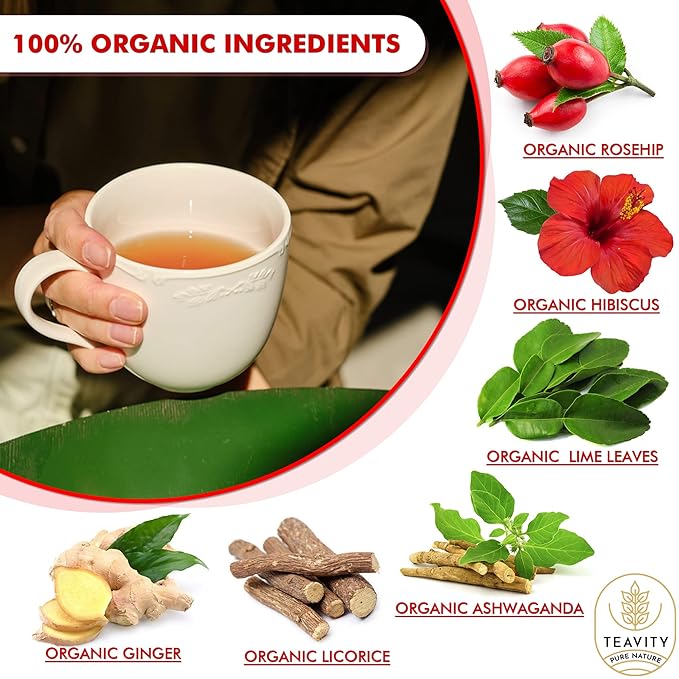 Organic Ashwagandha Tea Pods for Keurig with Ginger, Licorice, Organic Hibiscus Sabdariffa, Rosehip, & Lime - Decaf Herbal Tea - Energizing Tea by Teavity (36 Tea Pods)