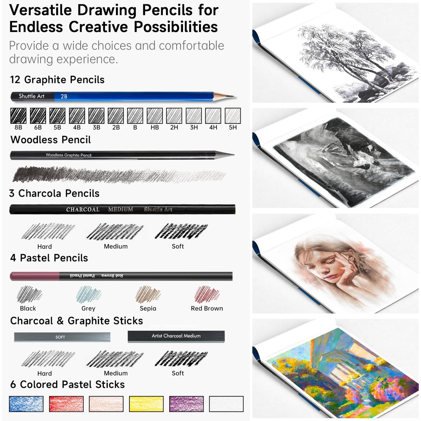 Shuttle Art 52 Pack Drawing Pencils Set, Professional Art Kit with Graphite Charcoal Sticks, Drawing Pad in Portable Case, Ideal for Kids and Adults Artists