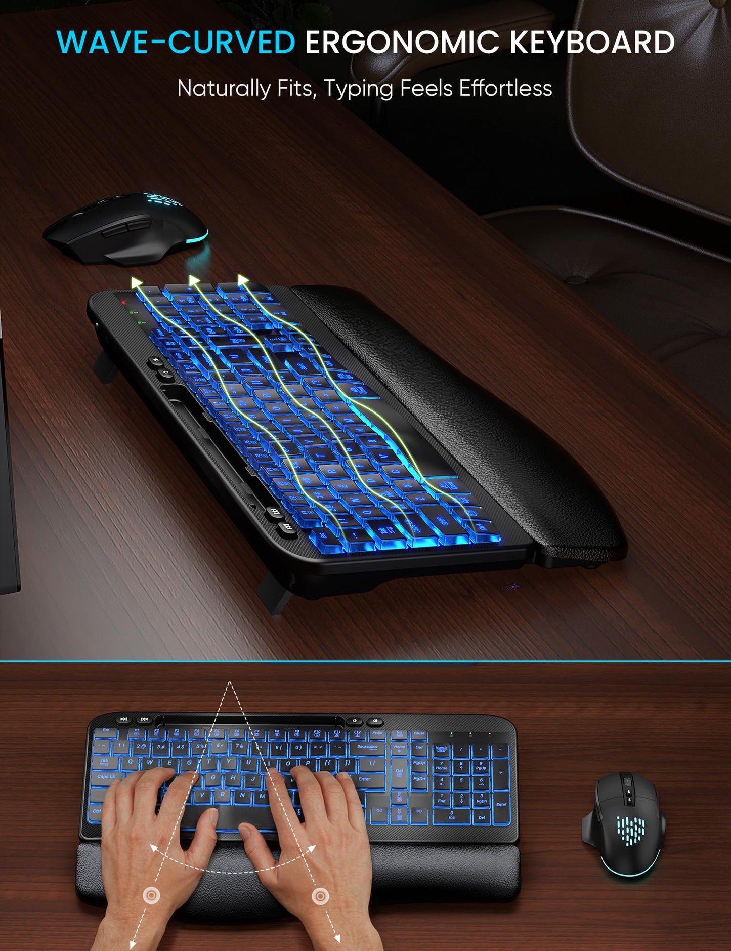 SABLUTE MA22 Pro Wireless Keyboard and Mouse Combo - Ergonomic Wave Keyboard with Soft Leather Wrist Rest, Phone Holder, Rechargeable, RGB Backlit Mouse, Full-Size Set for Windows/Mac/Computer