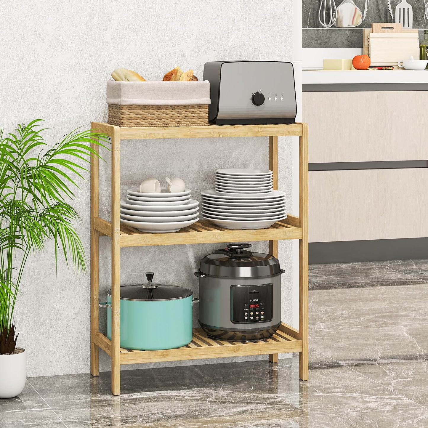 Elepude Bamboo Bathroom Shelf, Stand Utility Storage Shelf Multifunctional Bathroom Kitchen Living Room Holder Plant Flower Stand (3-Tier)
