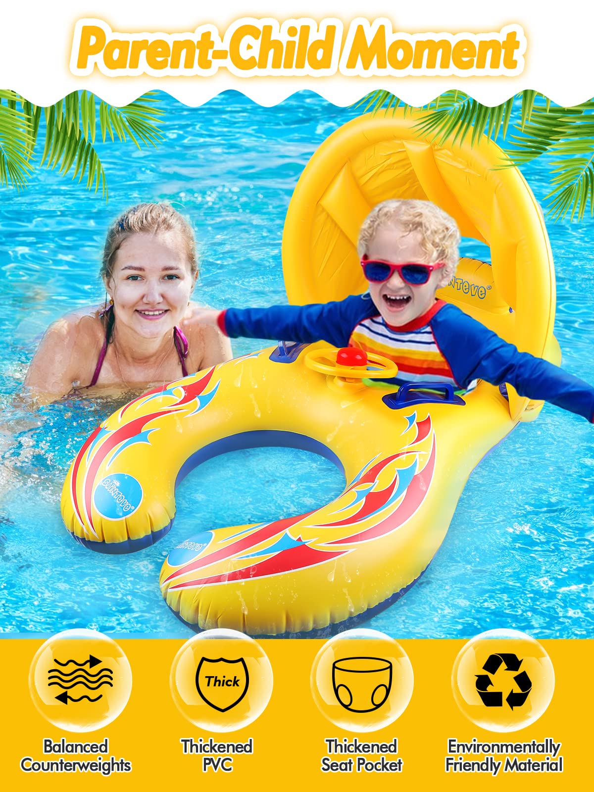 Kalolary Inflatable Mommy & Baby Double Person Float Seat with Removable Sun Canopy for Swim Ring Summer Pool Supplies