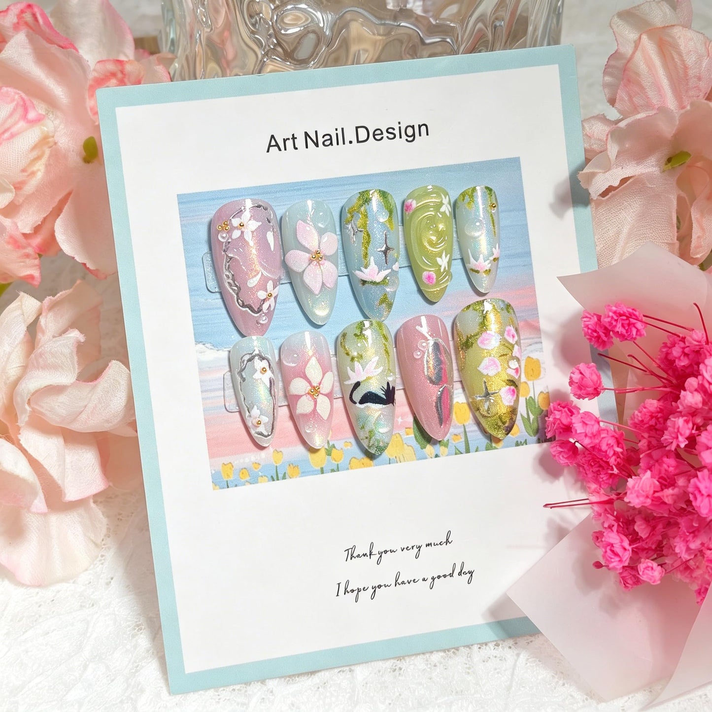 24Pcs Spring Flower Press on Nails Medium Almond Fake Nails 3D Green Leaves with Pink Floral Glossy Design Full Cover Reusable Artificial Cute Cat False Nails Stick on Nails for Women Acrylic