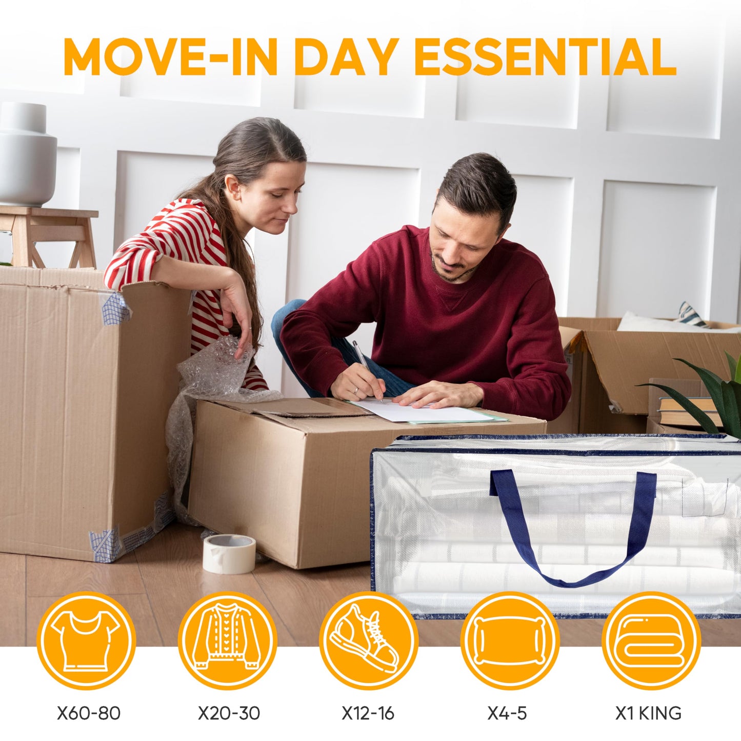 HealSmart 6 Pack Extra Large Moving Bags with Zippers & Carrying Handles, Heavy-Duty Storage Tote Moving Boxes for Dorm Room Essentials Storage Bags, Clear