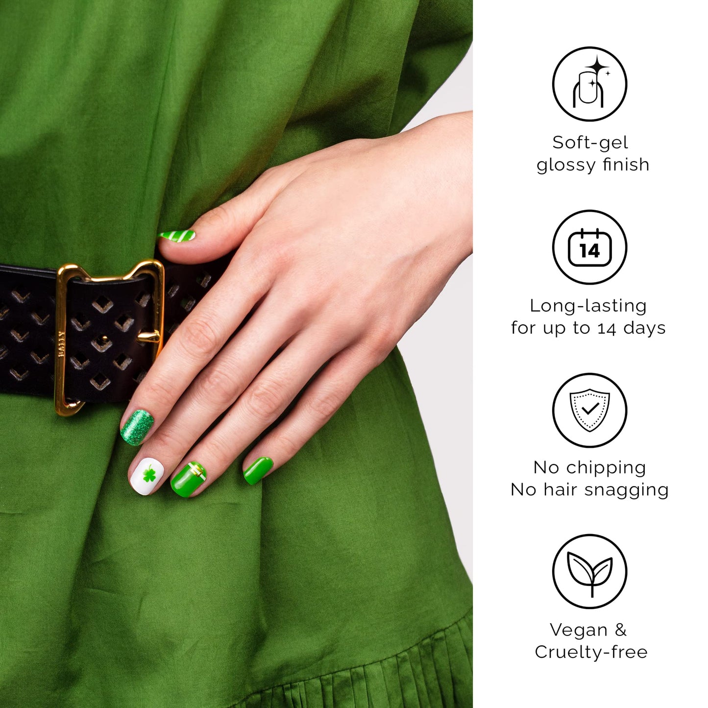 NAILOG Green Semi Cured Gel Nail Strips for St. Patrick's Day, 34pcs Salon-Quality Irish Pride Nail Art Wraps