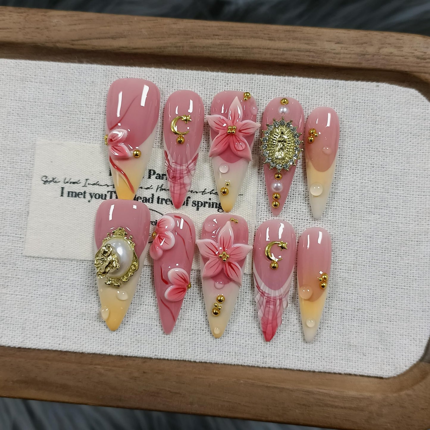 TENPAL Handmade Press on Nails Long Stiletto,Coral Orange Blushing French Tips Fake Nails with 3D Floral Waterdrops,Royal Baroque False Nails with Tools,Luxury Handmade Nails for Special Events(S)