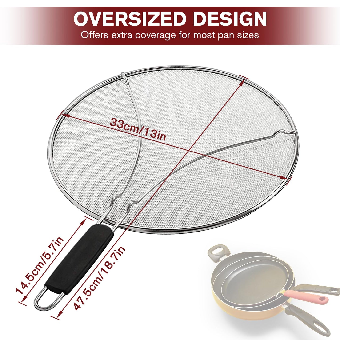 Splatter Screen for Cooking, Perforated Stainless Steel,13 Inch Stainless Steel Grease Splatter Guard, Comfortable Grip, Shield from Splashing Oil