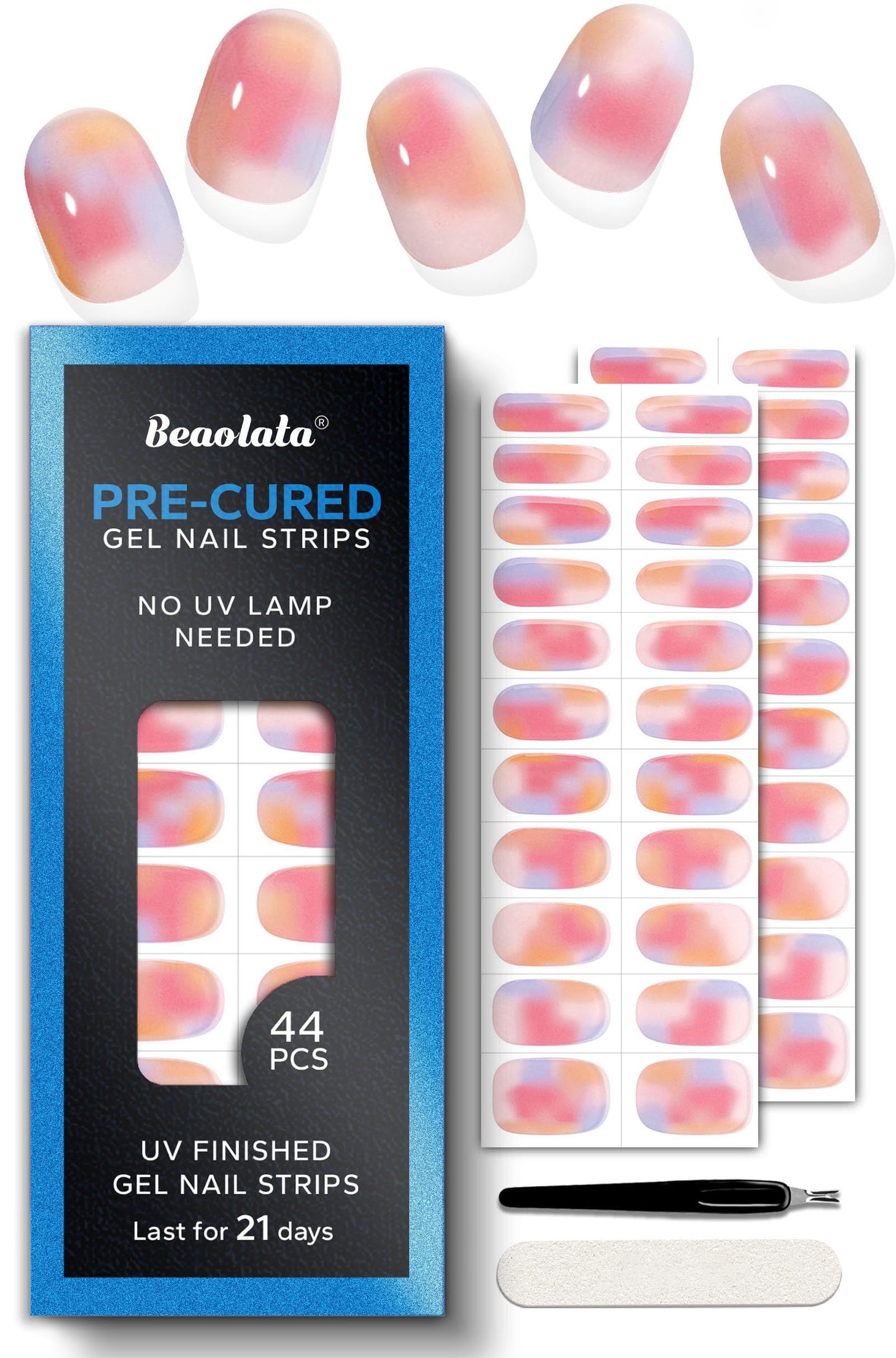 Beaolata Real Gel Nail Strips (No UV Light Needed) - 44Pcs Salon Quality Nail Stickers - Long Lasting Polish Wraps for Women, Easy Apply & Remove (Shimmer Pink)