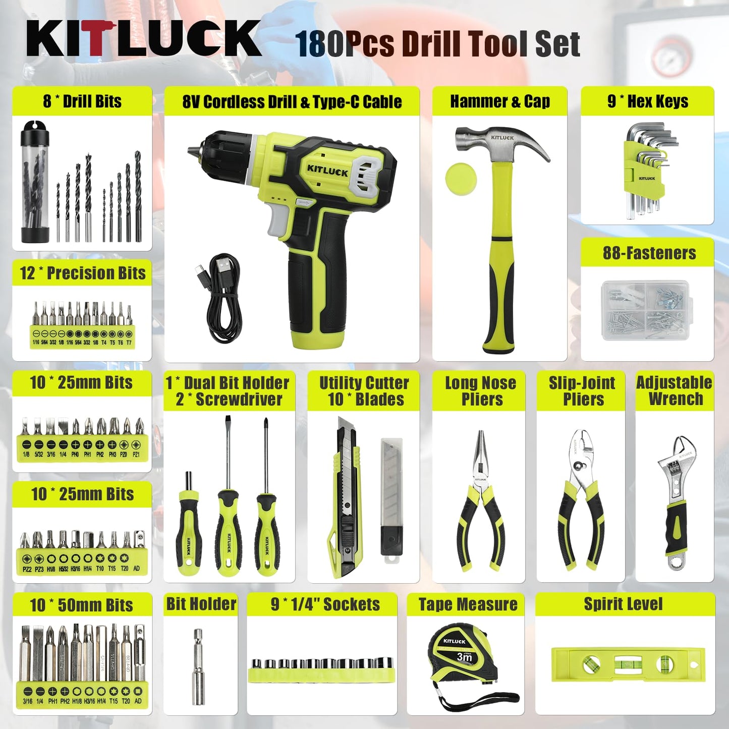 KITLUCK Power Drill Set, 180Pcs Home Hand Tool Kit with 8V Drill, Portable Tool box Kit with Screwdriver, Plier, Wrench, Socket, Harmer, Household Cordless Drill Set for Men Women Home