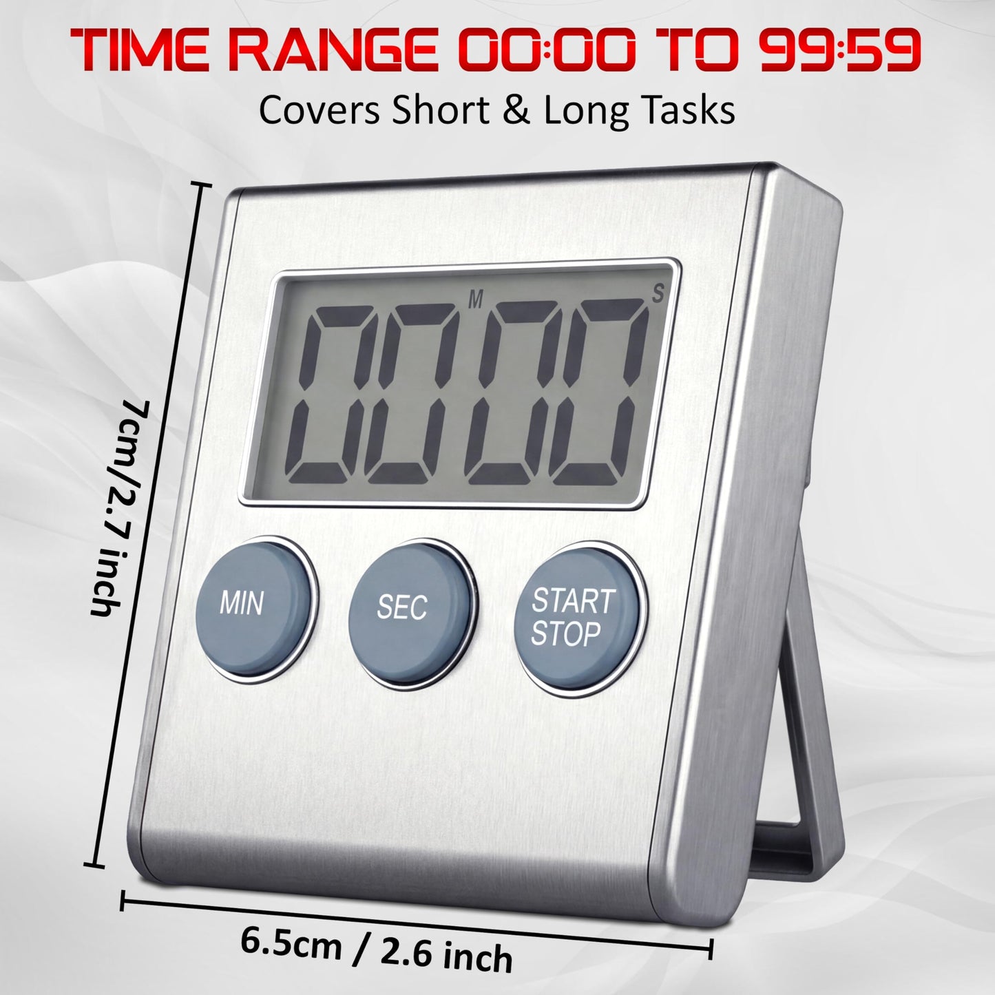 Digital Kitchen Timer for Cooking, Magnetic Countdown Timer with Loud 80dB Alarm, Large Display, Adjustable Stand, Auto Memory, Stop Watch for Classroom, Study, Kids - Silver