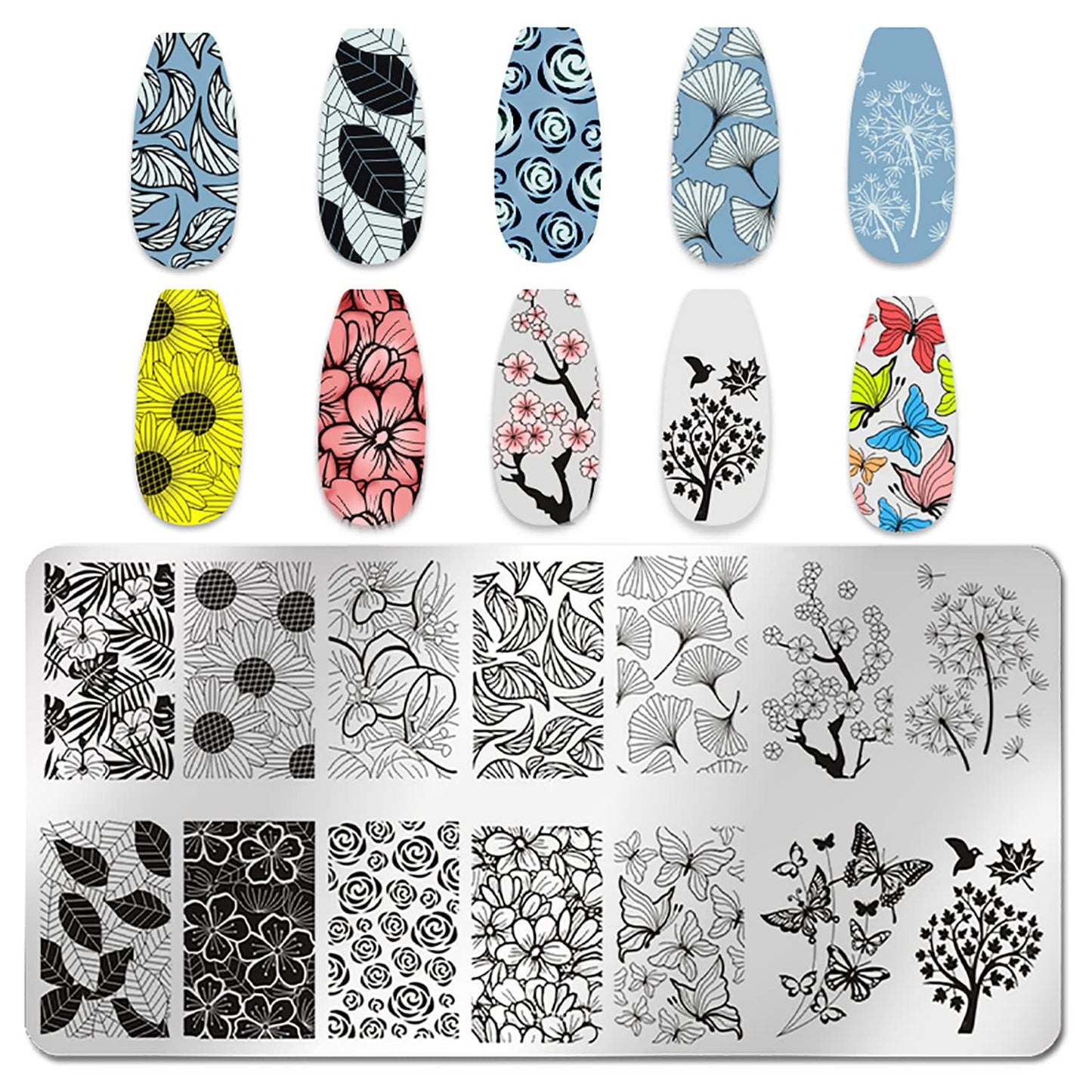 DANNEASY 6 Pieces Nail Stamp Flower Butterfly Leaf Nail Stamping Abstract Nail Stencils Stamping Plates for Nails Manicure Template Nail Art Tools DIY Nails Accessories (Nature Series)