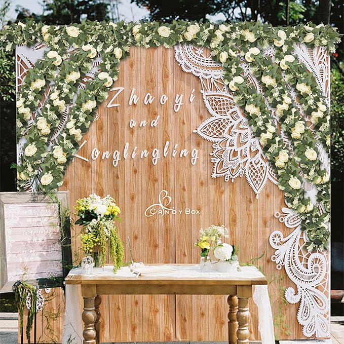 MAKHOT 2PCS Eucalyptus Garland, 6.6Ft Artificial Greenery Garlands Flower Decor, Green Spring Garland Wreath Vines Decorations for Table Home Wedding Mantle Party (Champagne)