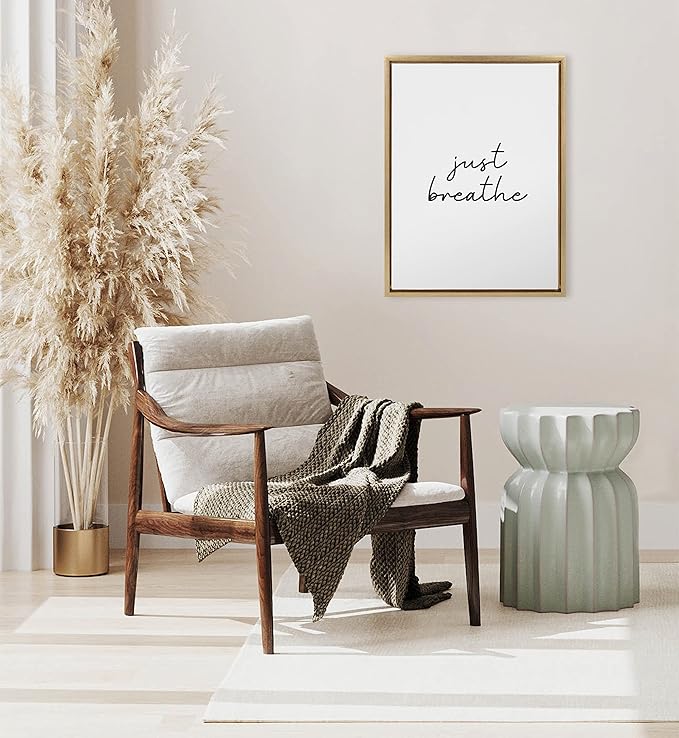 Kate and Laurel Sylvie Just Breathe Black and White Framed Canvas Wall Art by The Creative Bunch Studio, 18x24 Gold, Simple Motivational Art, Self Care Wall Décor