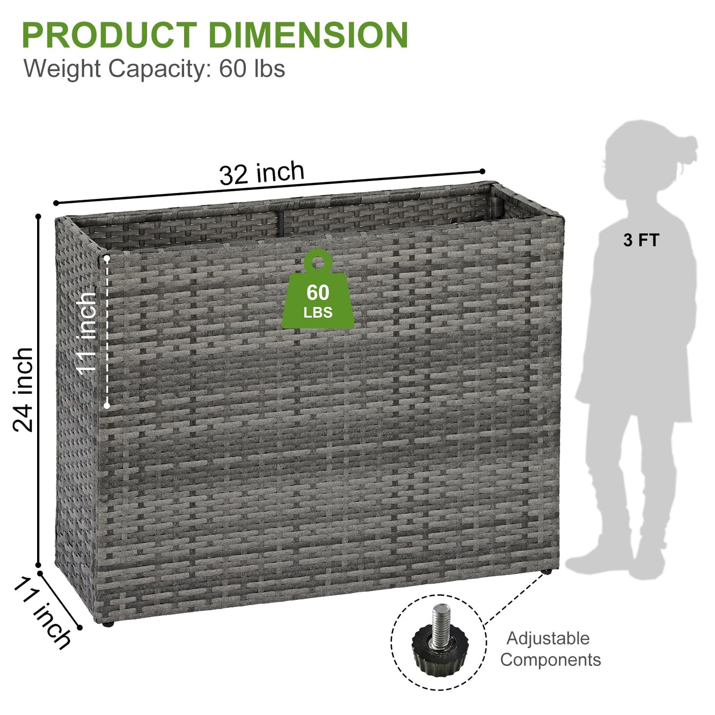 LEWIS&WAYNE Large Rectangular Block Planter Box Handmade Wicker Tall Planters for Outdoor Plants with Removable Liners Modern Planter for Indoor Outdoor Patio Deck - Gray, 32''x11''x24''
