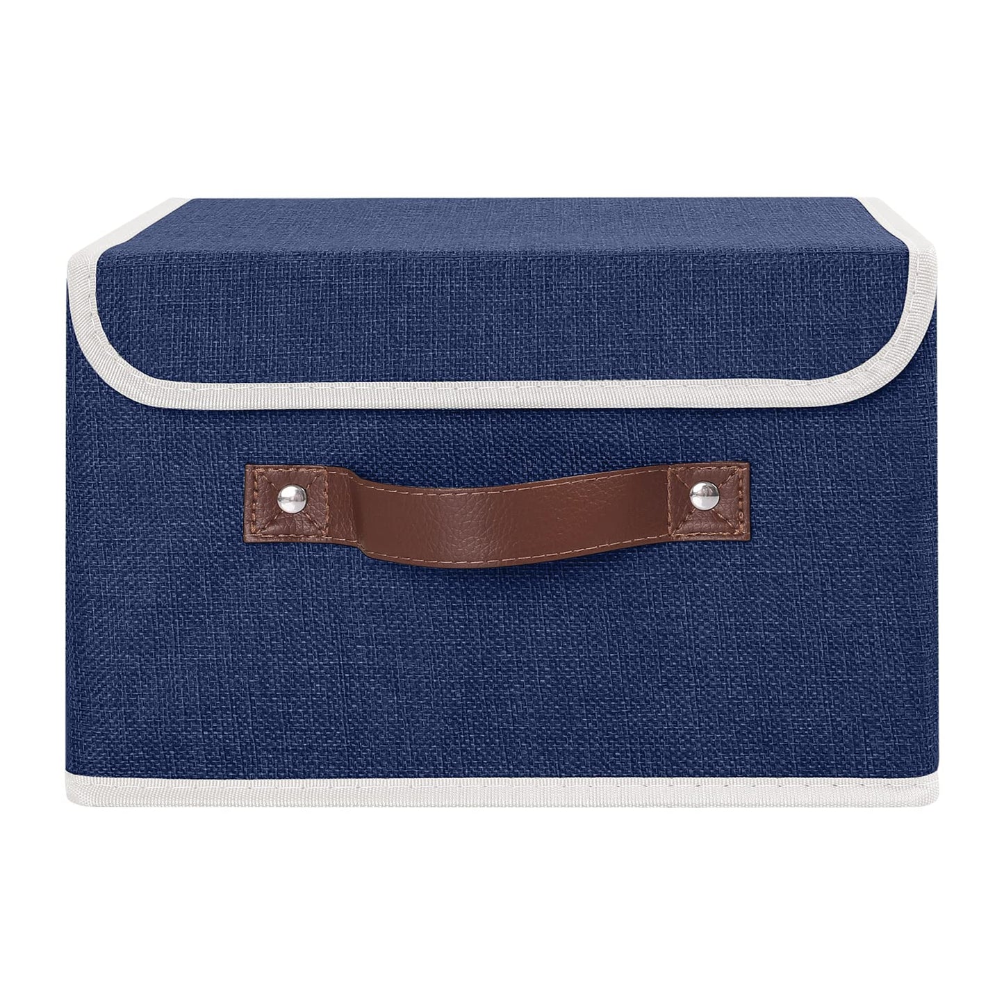 ANMINY Storage Bin with Lid Storage Boxes with PU Leather Handles PP Plastic Board Decorative Foldable Lidded Cotton Linen Fabric Home Cubes Baskets Closet Organizer Container - Blue, Small Size