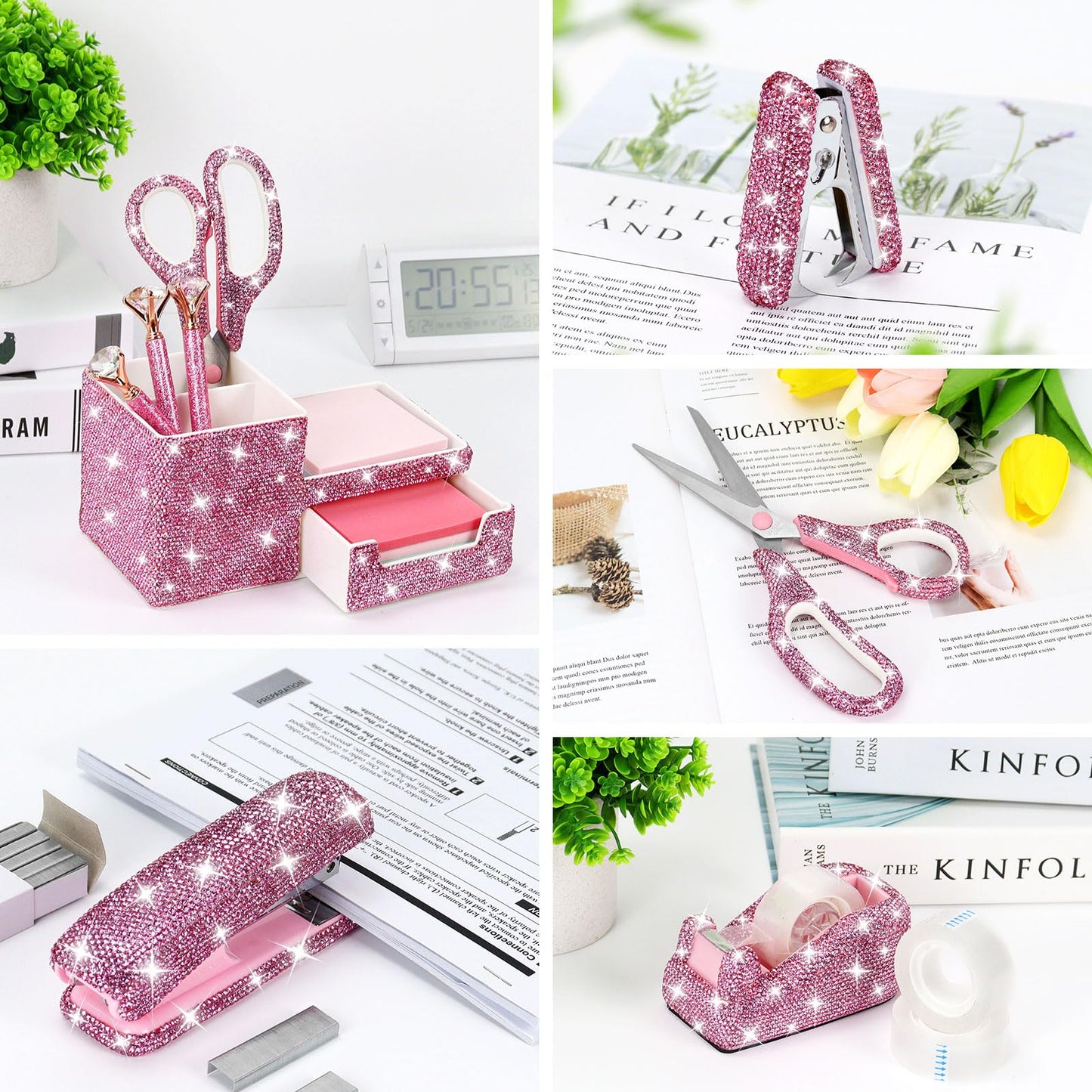 MultiBey 7 Pcs Pink Bling Rhinestone Desk Accessories Set, Crystal Office Stationery Kit with Stapler, Tape Dispenser, Scissors, Drawer Organizer - Glamorous Gift for Home School Office Supplies