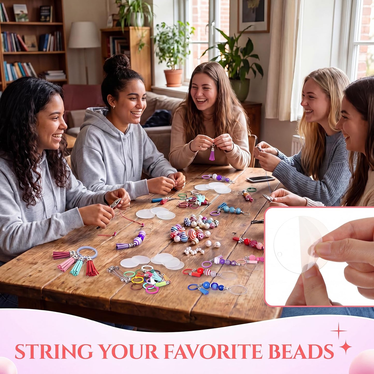 Trnayi 104 Pcs Beadable Acrylic Keychain Blanks Set, Including 26 Clear Acrylic Round Blanks 26 Keychain Ring 26 Tassels 26 Beading Rod for DIY Key Chain Crafting Project Gifts