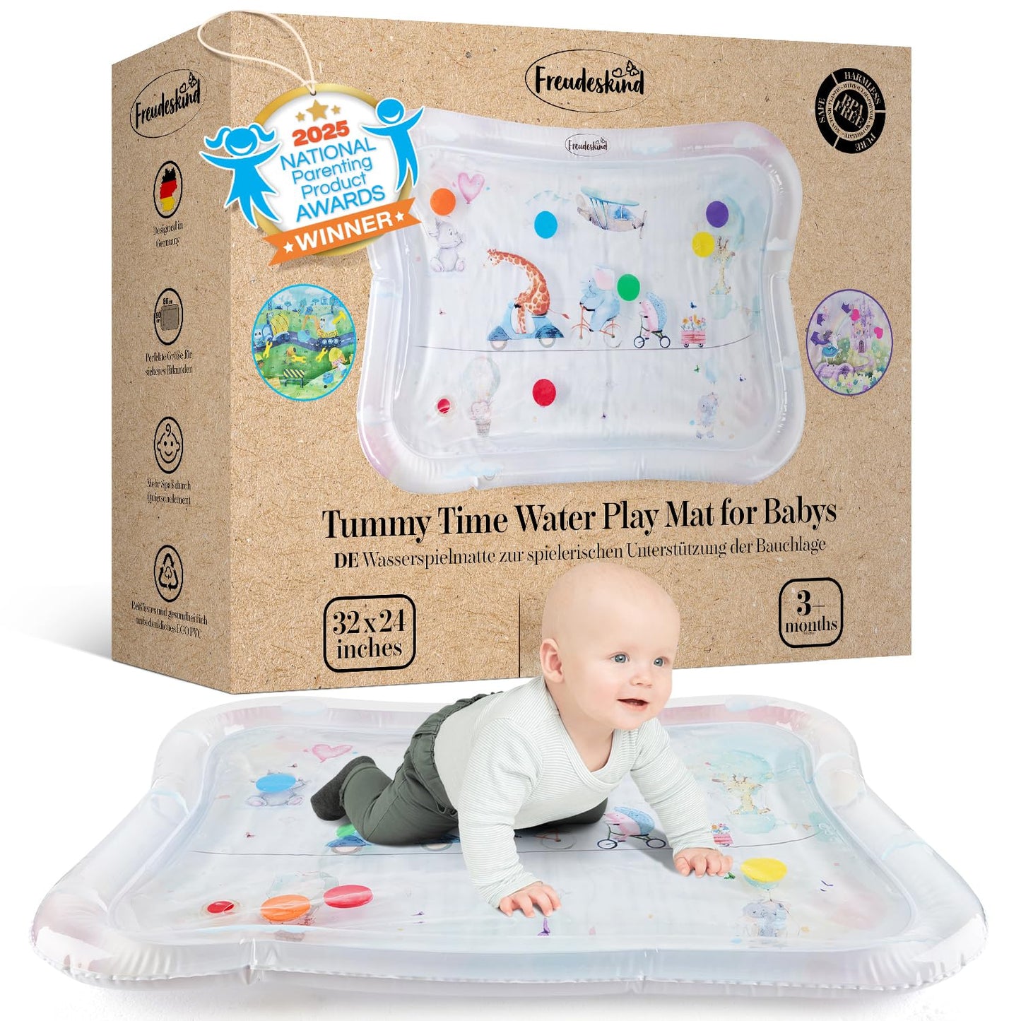 Premium Water Play Mat XXL – Award-Winning Inflatable Tummy Time Water Mat – Sensory & Motor Development Designed by Professional Educators – Certified 100% Baby-Safe Materials