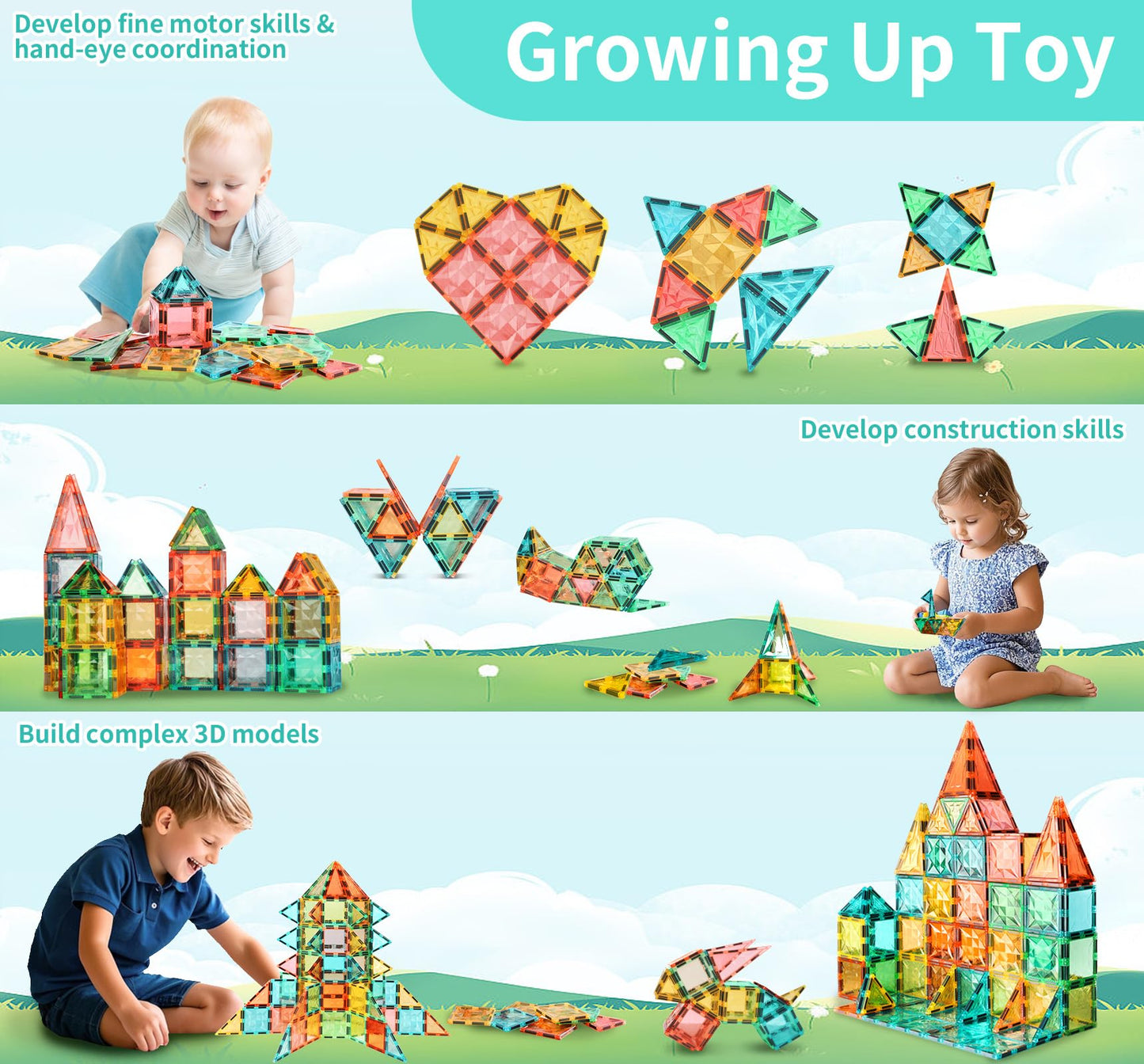 YRZtiles Magnetic Tiles,Magnet Building Blocks Construction Stacking Educational Toy Creative Playboard for Kids Ages 3+ (032 Pieces)
