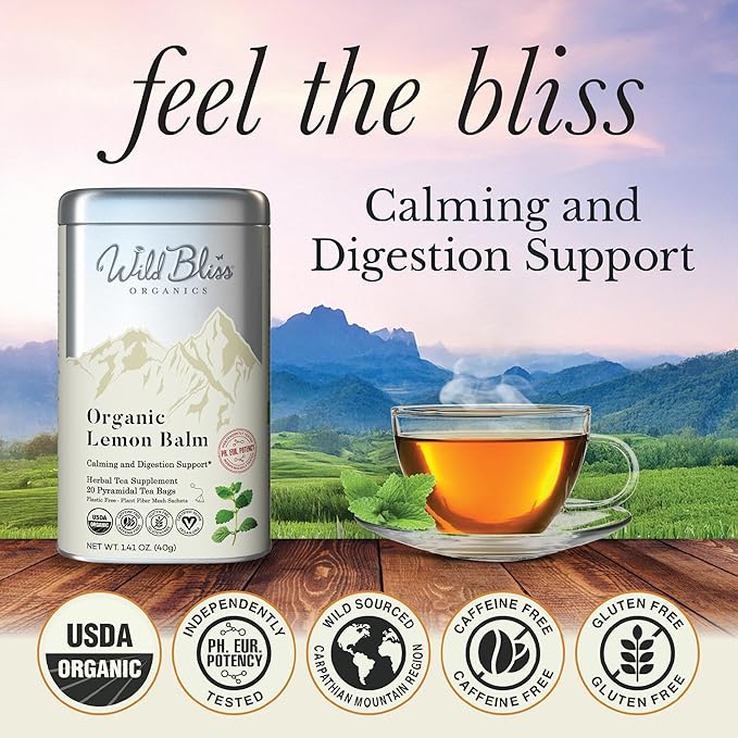 Organic Lemon Balm Tea - Caffeine Free Calming Herbal Tea - Pharmacopoeia Potency - 20 Plant Based Tea Bags