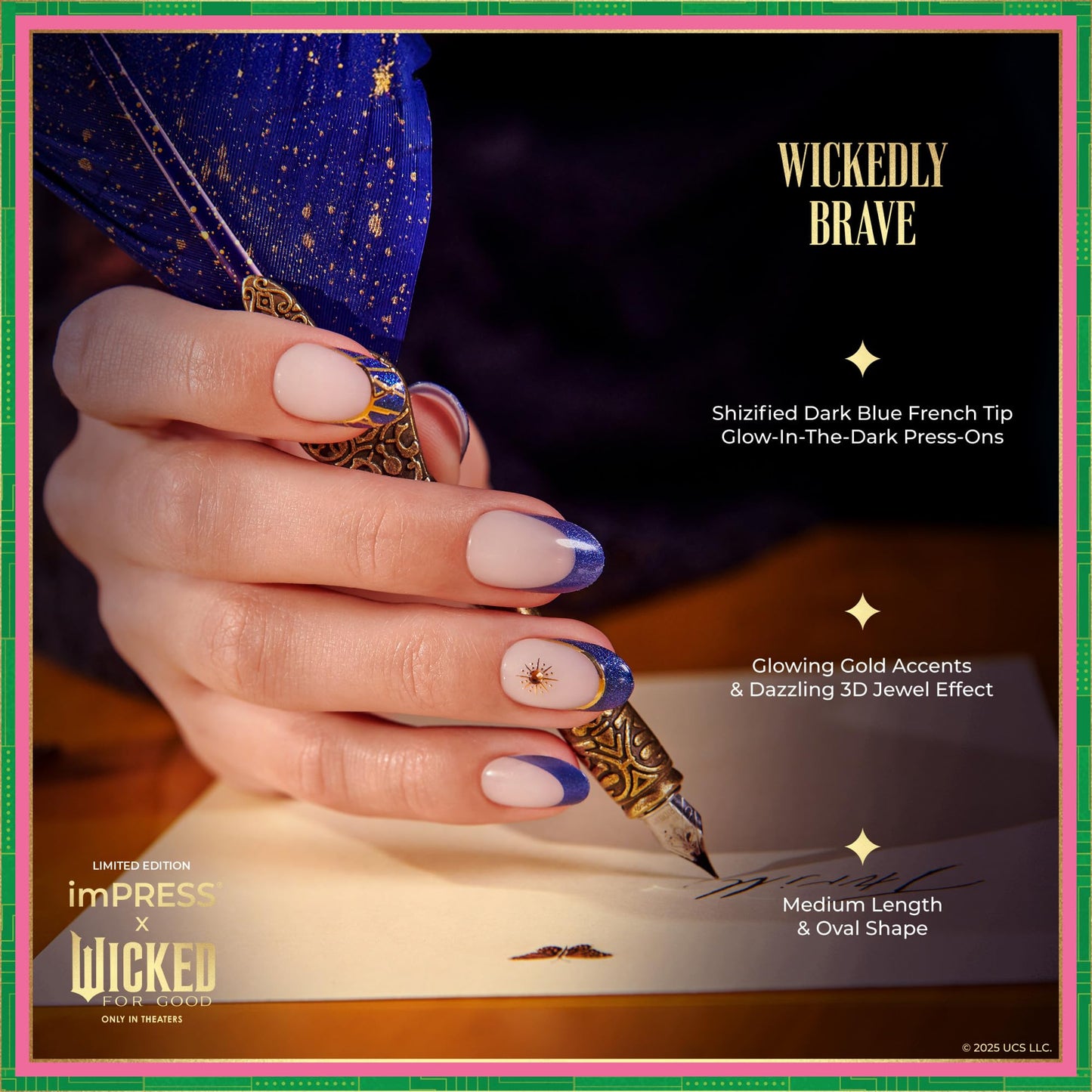 Impress X WICKED: FOR GOOD Press On Nails, ‘Wickedly Brave’, Blue, Medium Oval, New Improved Adhesive, Up To 10 Day Hold, Includes 30 Fake Nails, 1 Prep Pad, 1 Manicure Stick, 1 Mini File