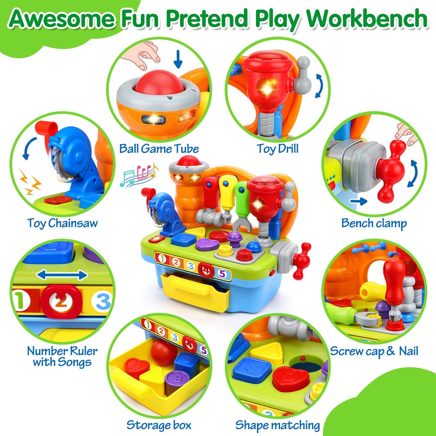 ORWINE Toys for 1 Year Old Boy, Musical Toddler Tool Bench, Montessori Educational Toys with Sound Lights Effect, Shape Sorter, One Year Old Boy Birthday Gift, Engineer Pretend Play Workbench